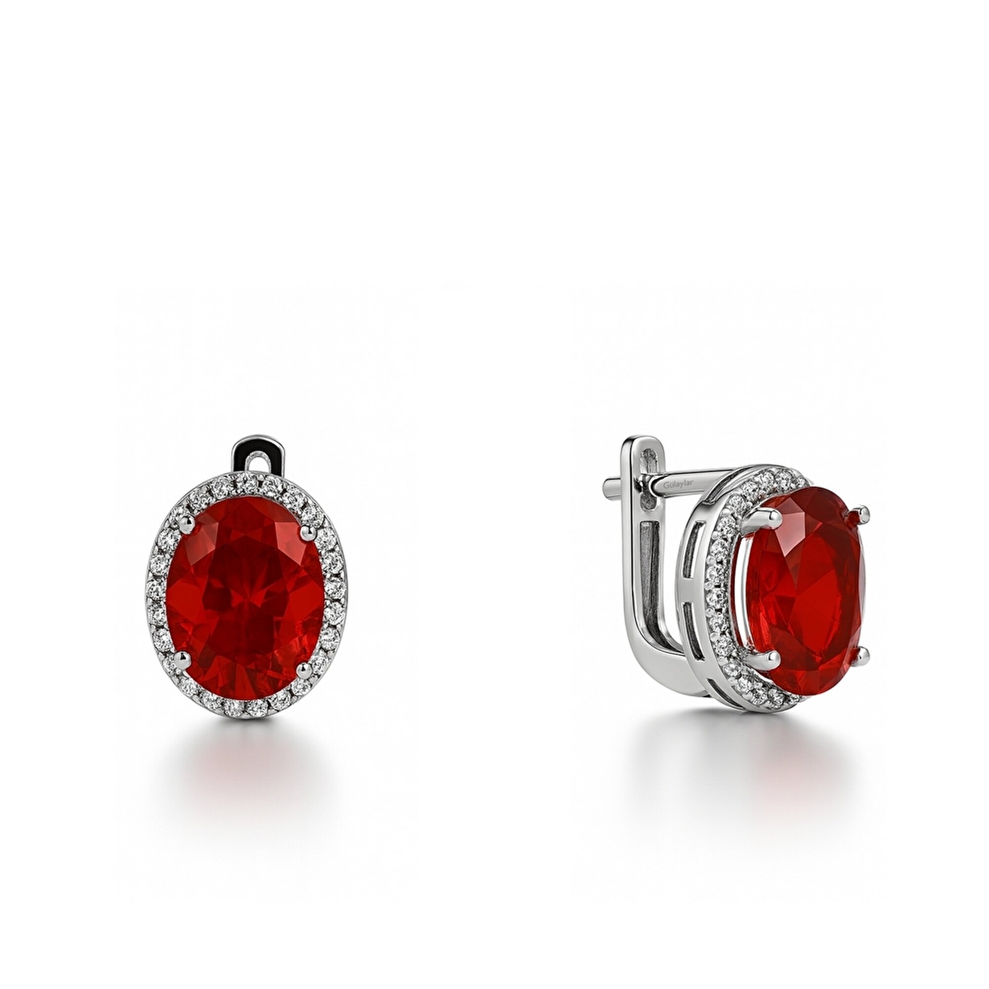 14 Ayar Beyaz Altın Kırmızı Taşlı Küpe