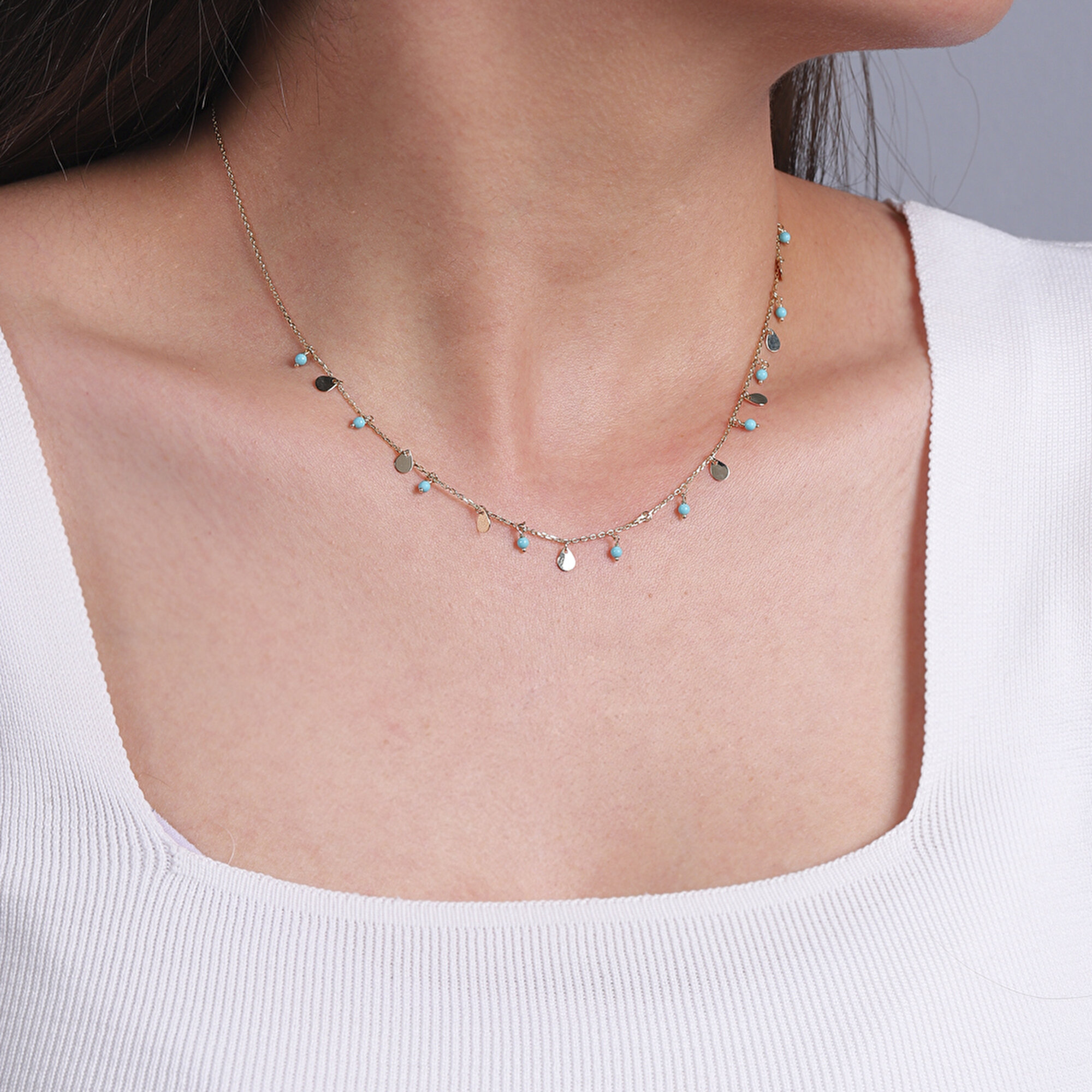 14 Ayar Sarı Altın Trend Mavi Taşlı Kolye