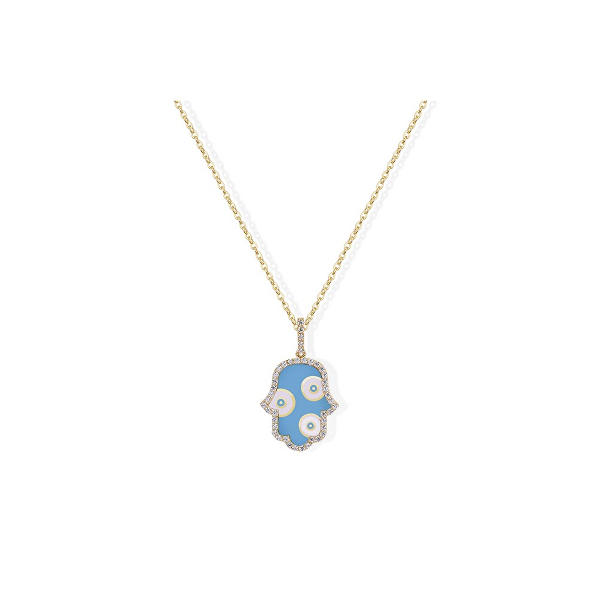 14 Ayar Sarı Altın Mavi Mineli Fatma Ana Eli Kolye