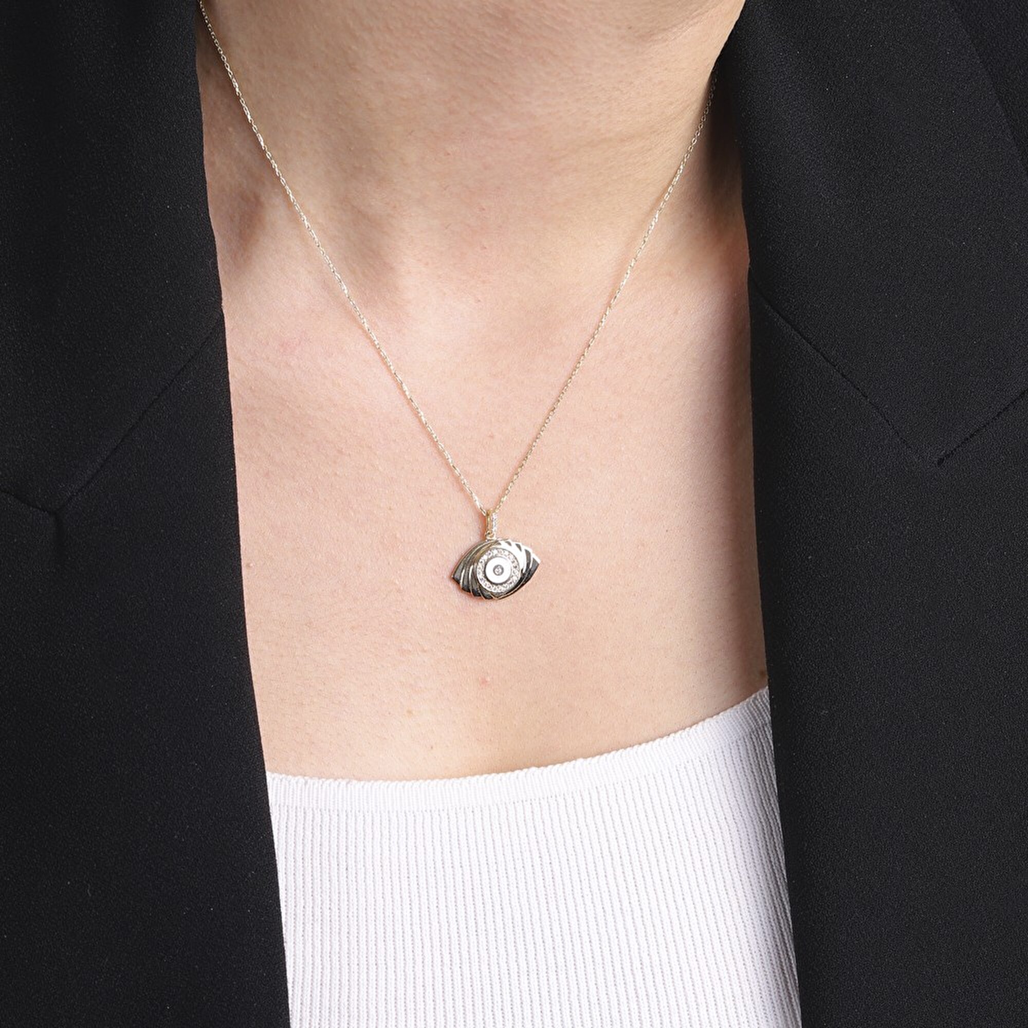 14 Ayar Sarı Altın Beyaz Mineli Göz Kolye