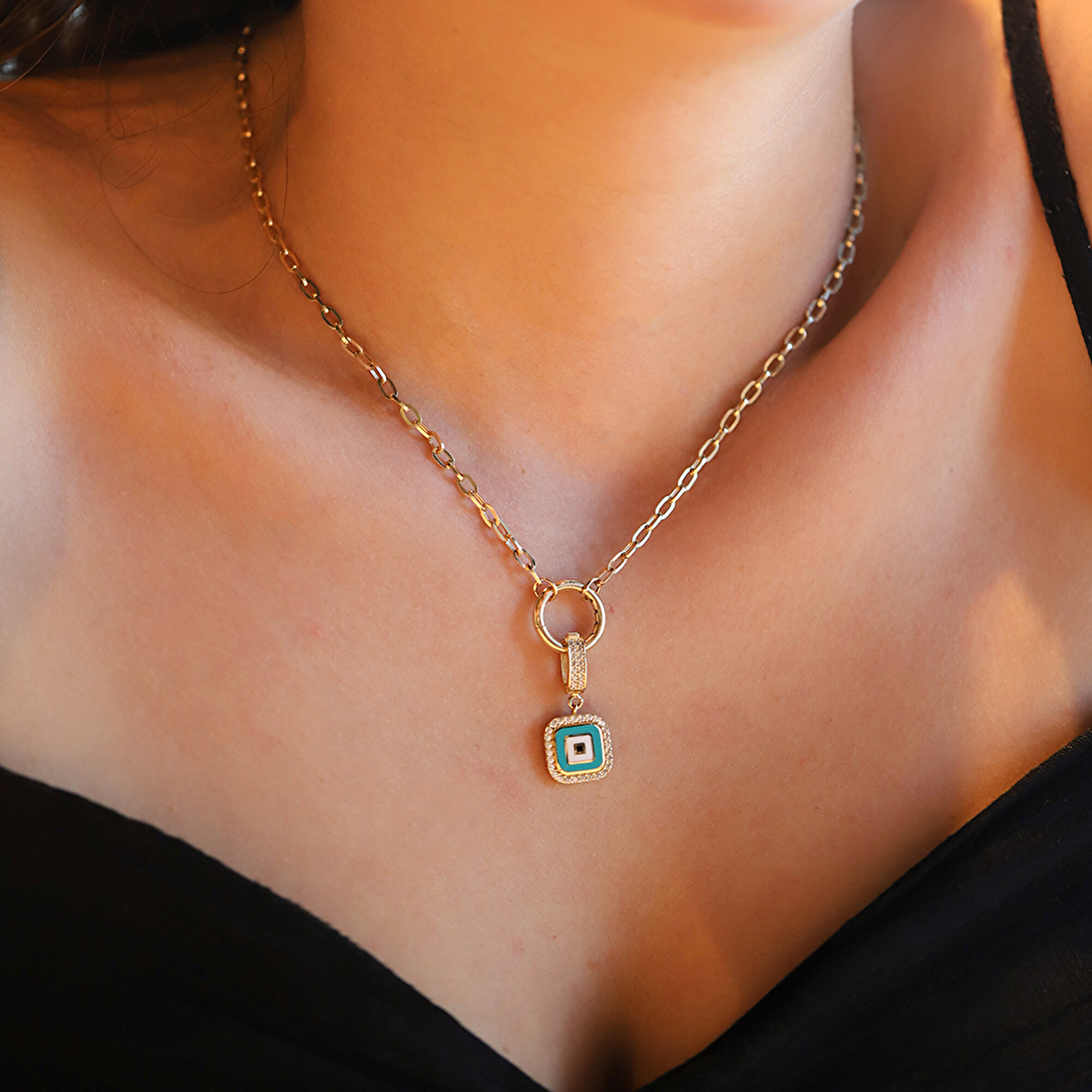 14 Ayar Sarı Altın Mavi Mineli Nazar Boncuğu Kolye Ucu