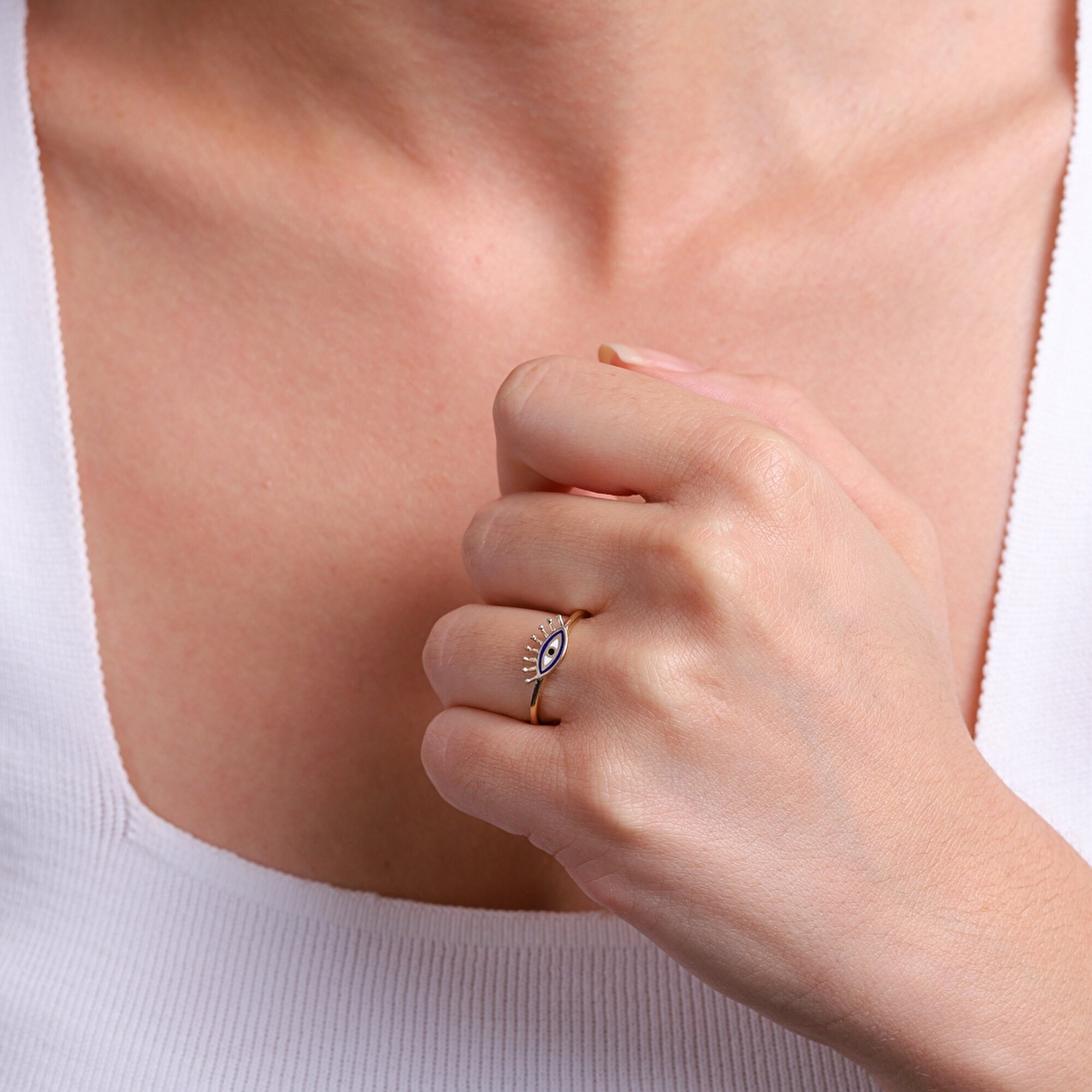 14 Ayar Sarı Altın Mineli Göz Yüzük