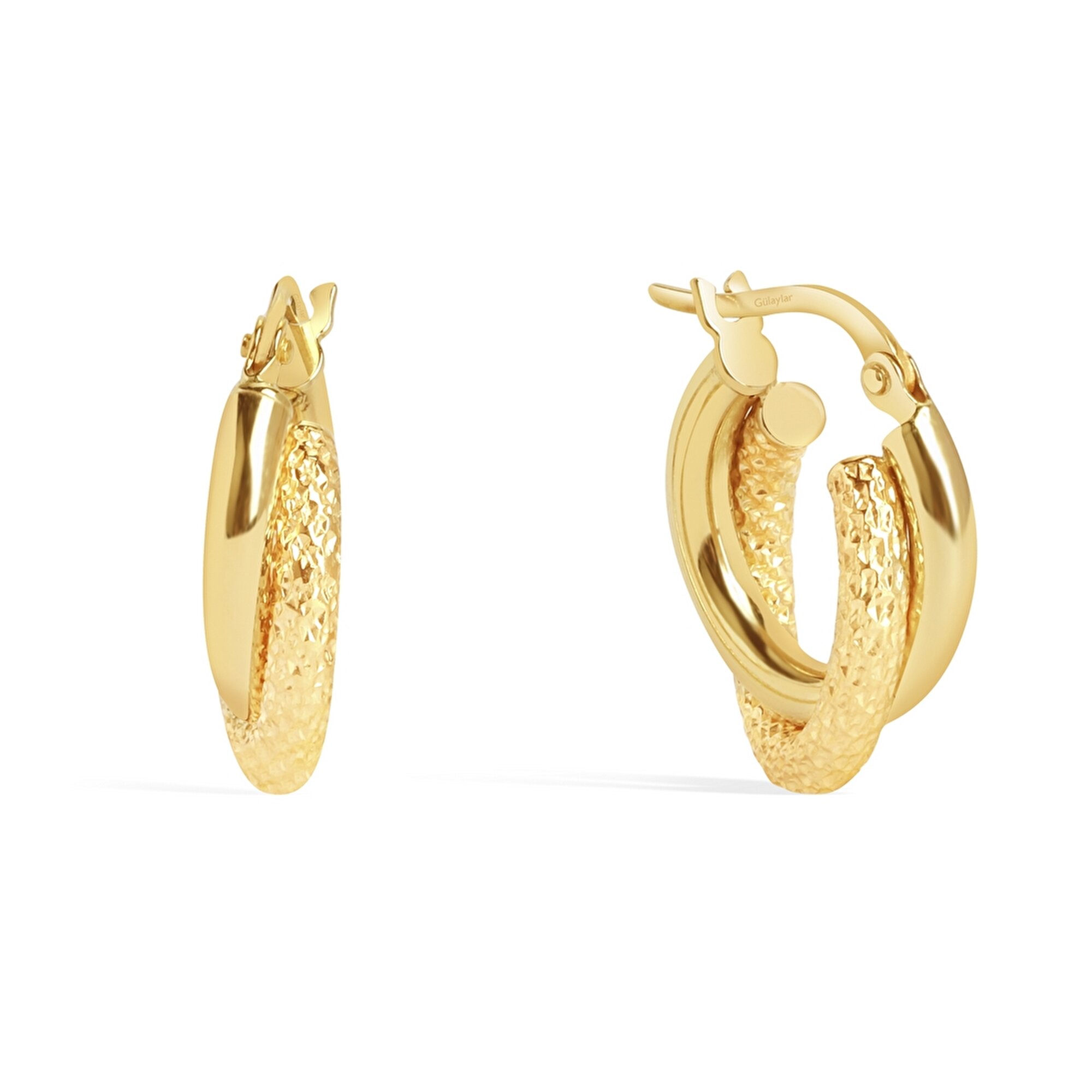 14 Ayar Sarı Altın Balık Sırtı İkili Halka Küpe