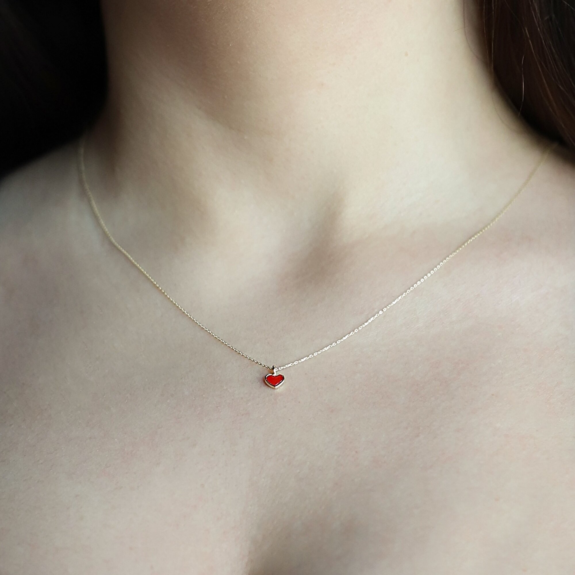 14 Ayar Sarı Altın Kırmızı Mineli Kalp Kolye