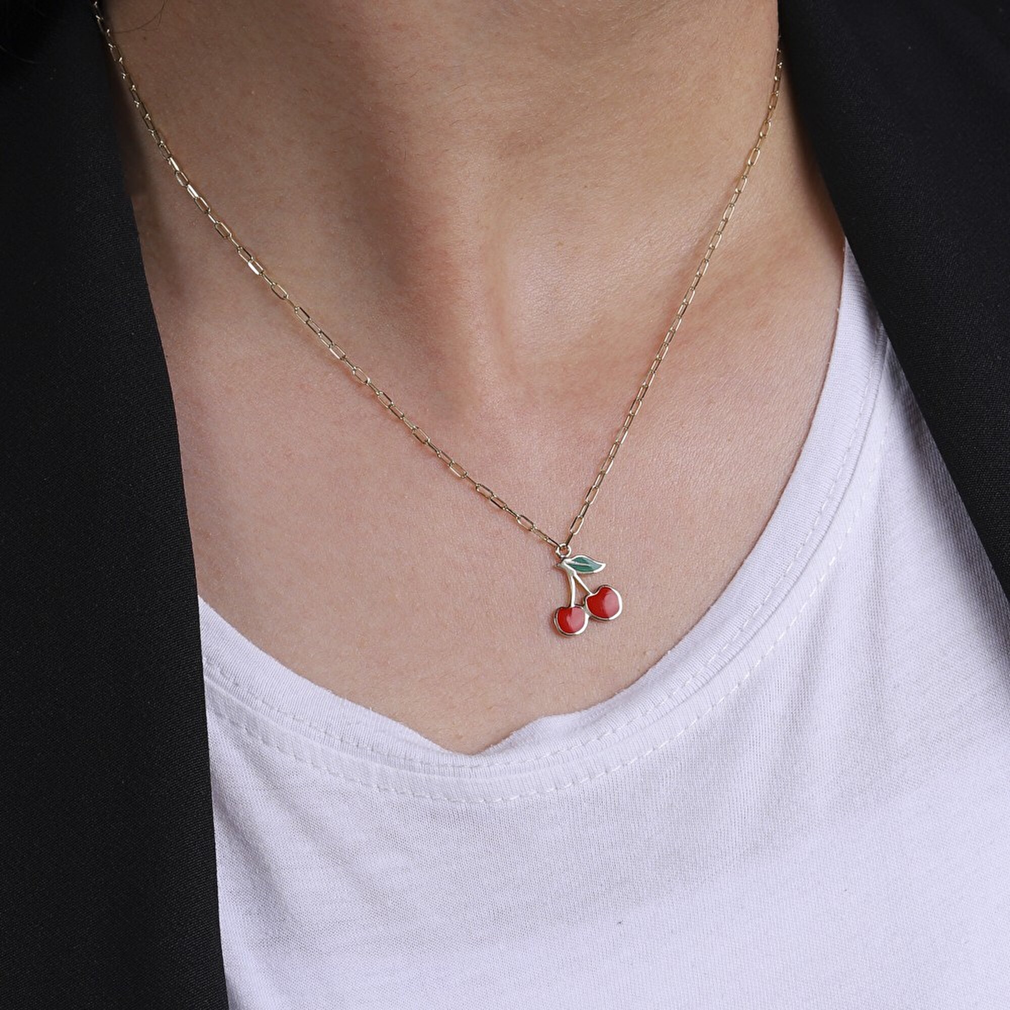 14 Ayar Sarı Altın Kiraz Figürlü Kolye