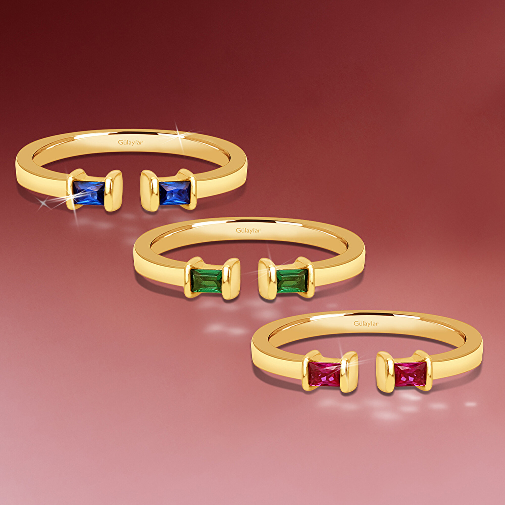 14 Ayar Sarı Altın Pembe Taşlı Baget Yüzük