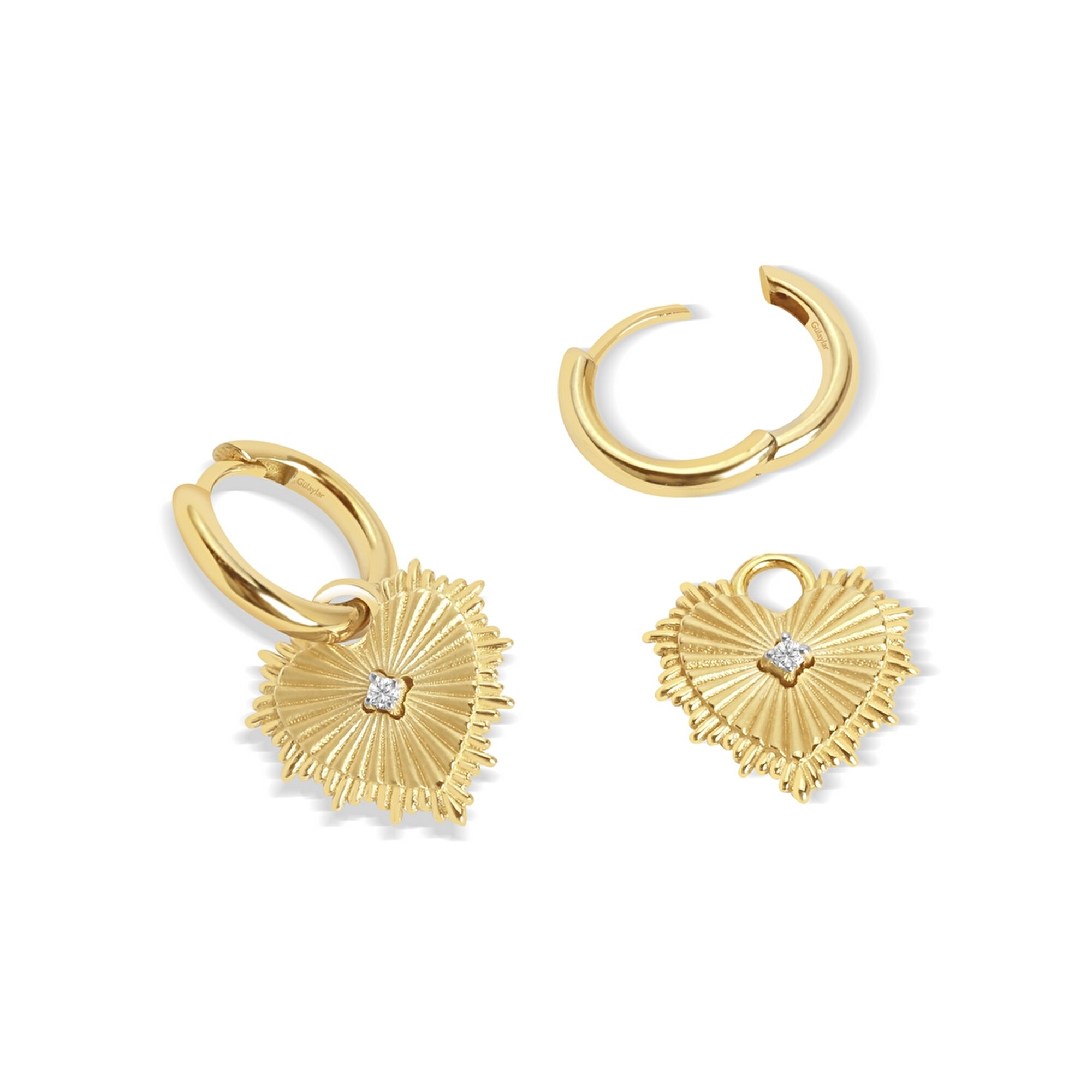 14 Ayar Sarı Altın Taşlı Kalp Küpe