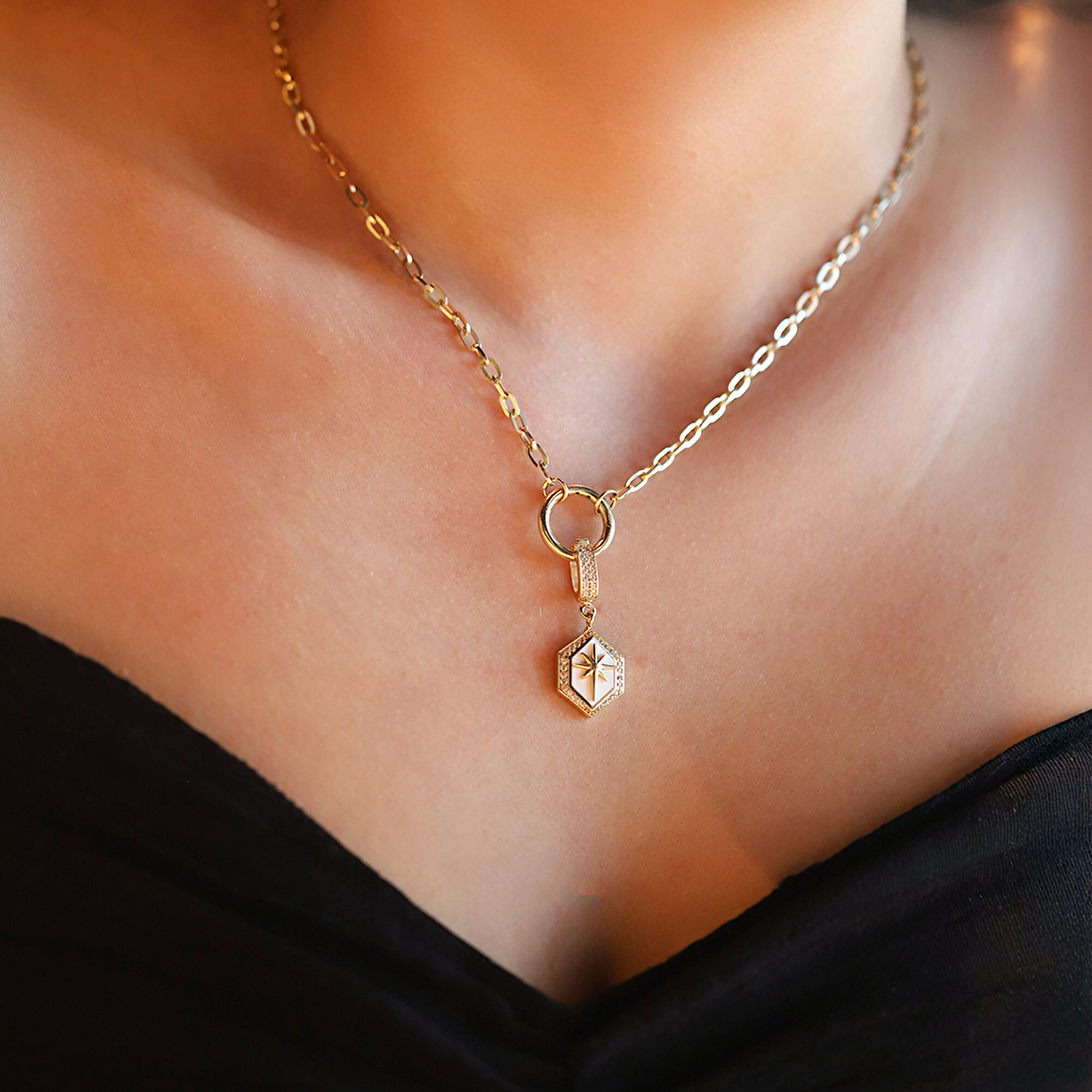 14 Ayar Sarı Altın Beyaz Mineli Kutup Yıldızı Kolye Ucu