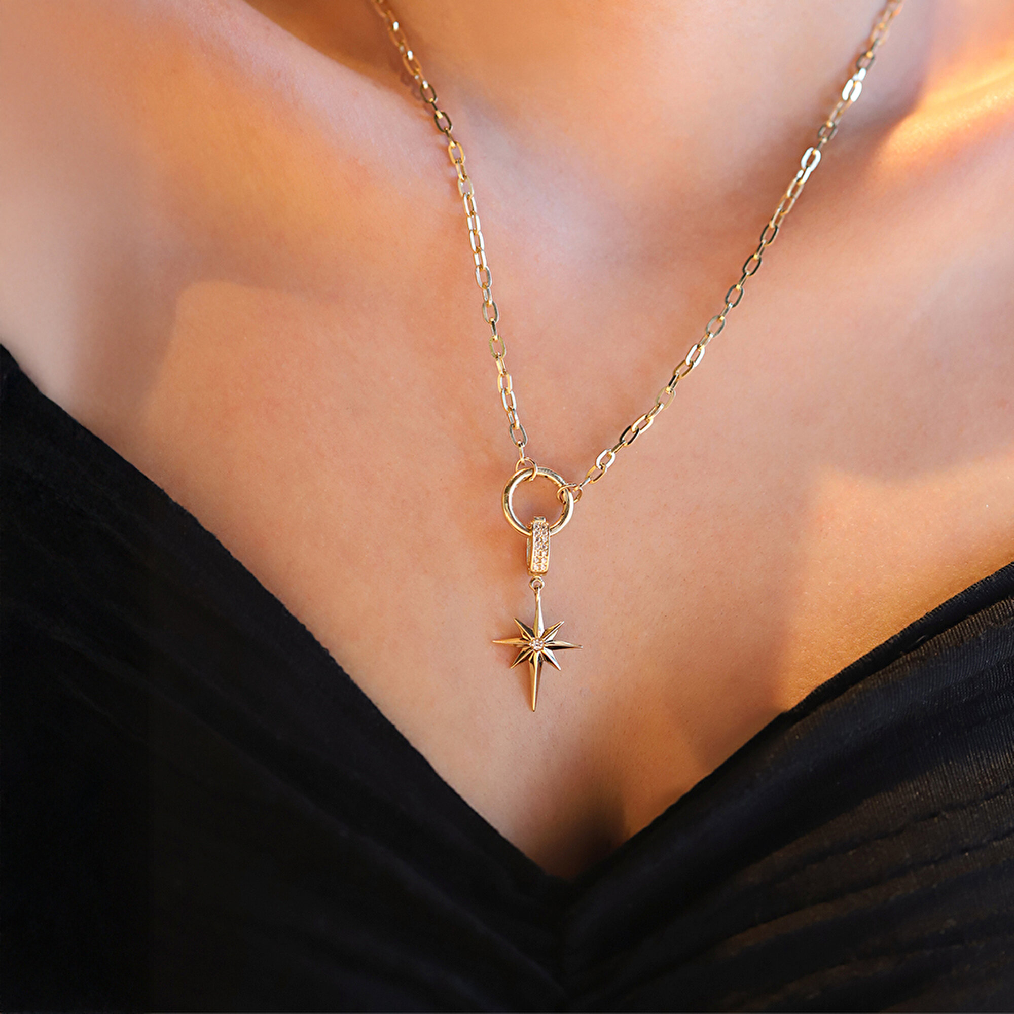 14 Ayar Sarı Altın Taşlı Kutup Yıldızı Kolye Ucu