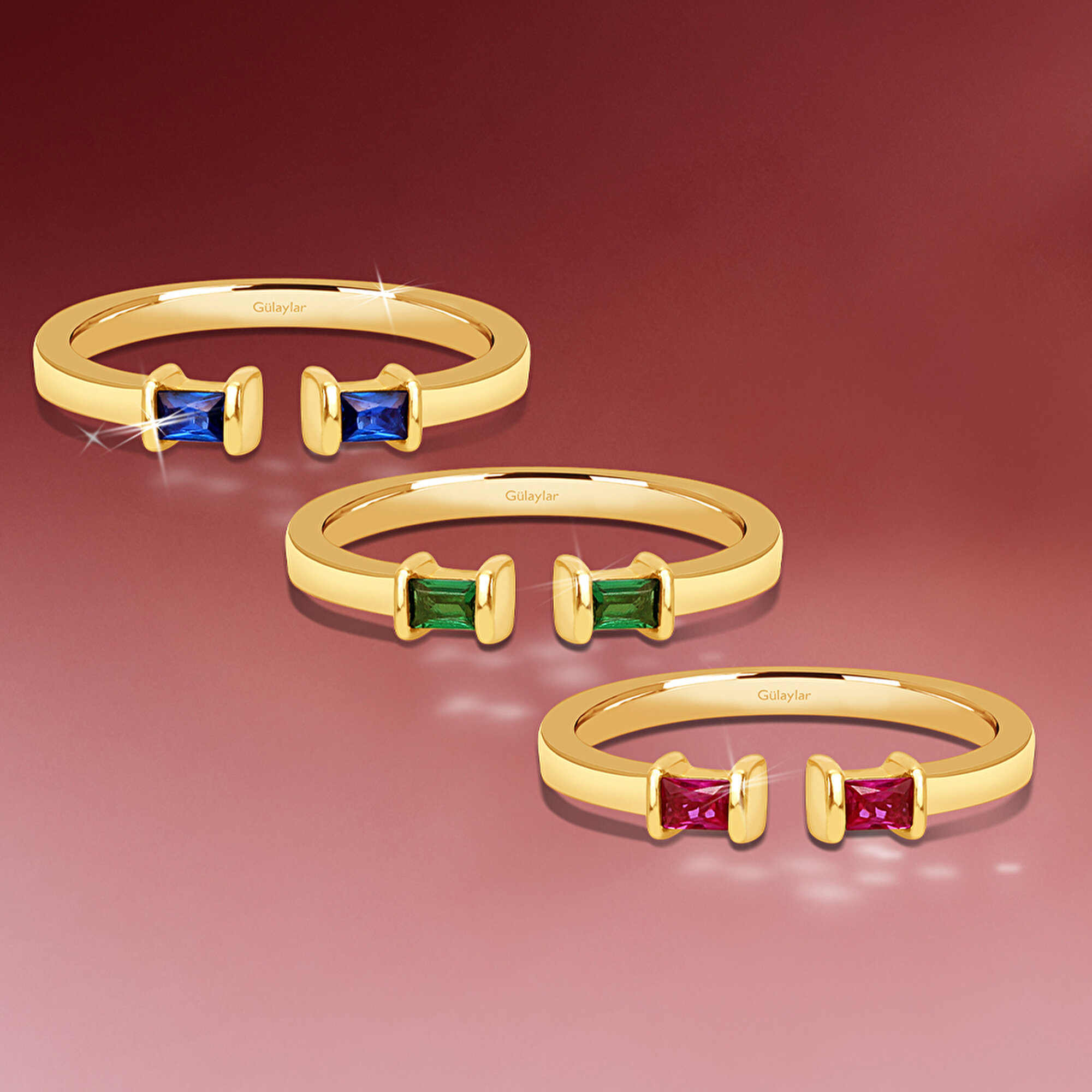 14 Ayar Sarı Altın Mavi Taşlı Baget Yüzük