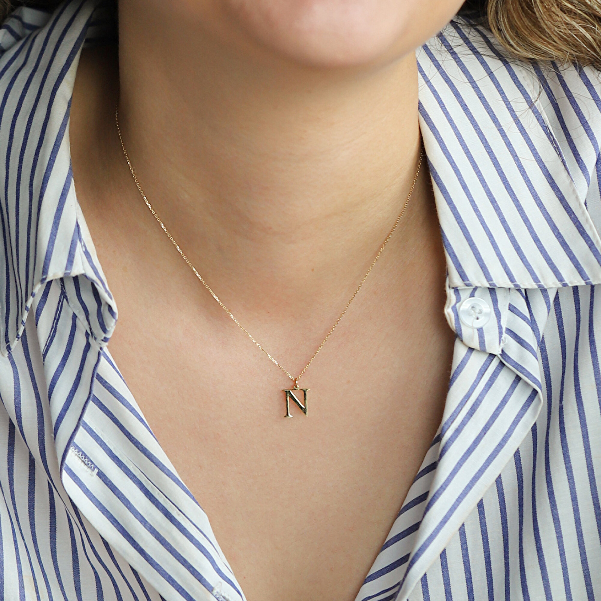 14 Ayar Sarı Altın N Harf Kolye