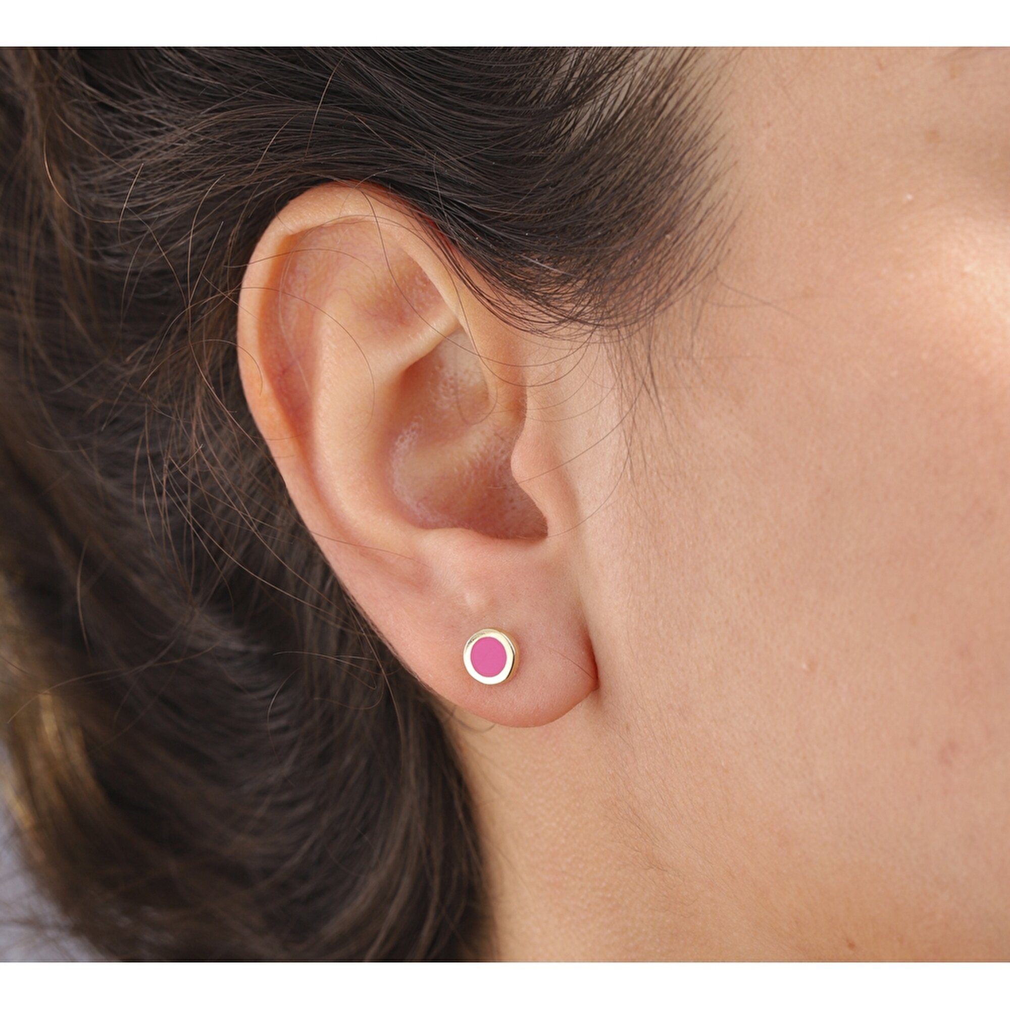 14 Ayar Sarı Altın Pembe Mineli Geometrik Figürlü Küpe