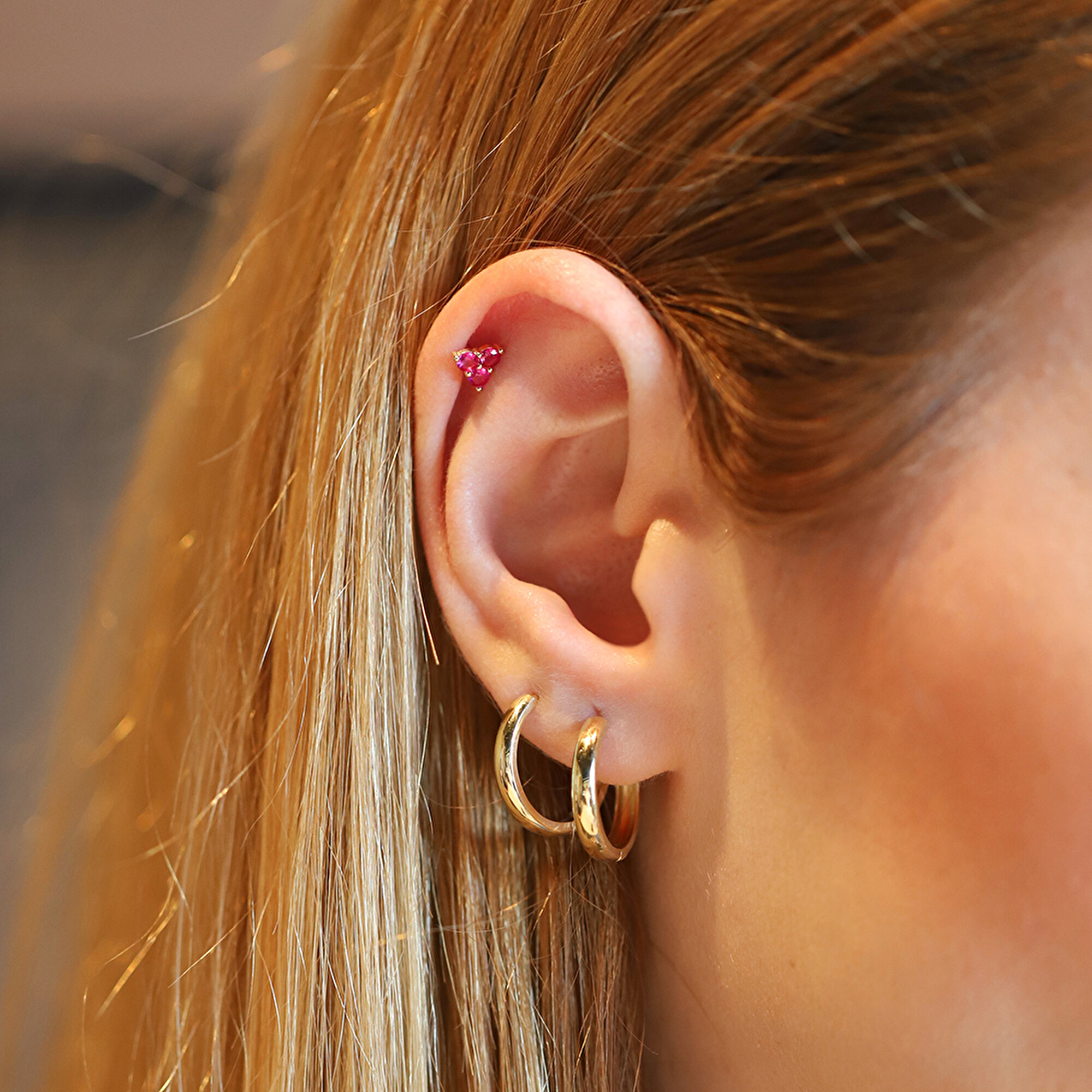 14 Ayar Sarı Altın Pembe Taşlı Tragus Piercing