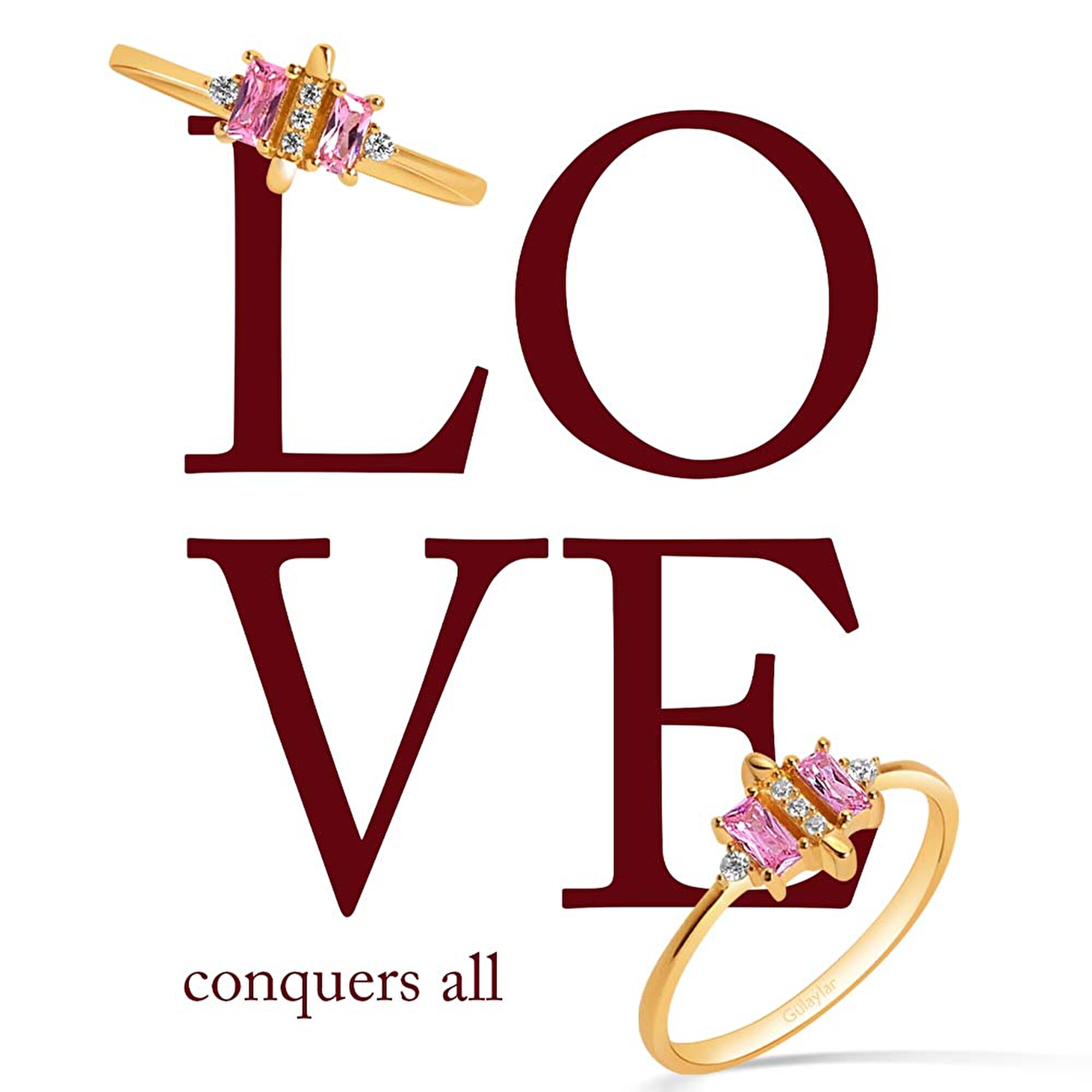 14 Ayar Sarı Altın Pembe Taşlı Yüzük