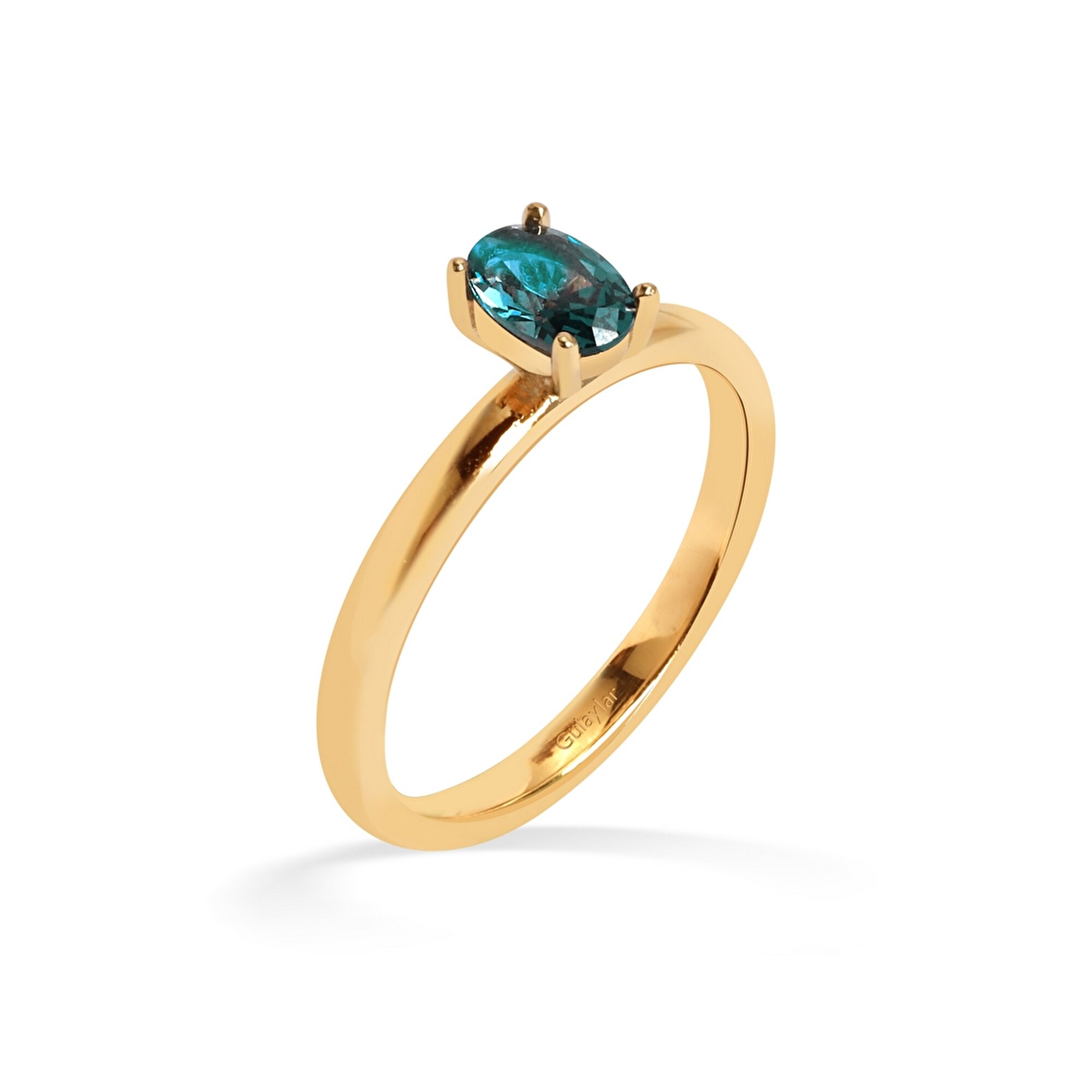 14 Ayar Sarı Altın Oval Yeşil Taşlı Yüzük