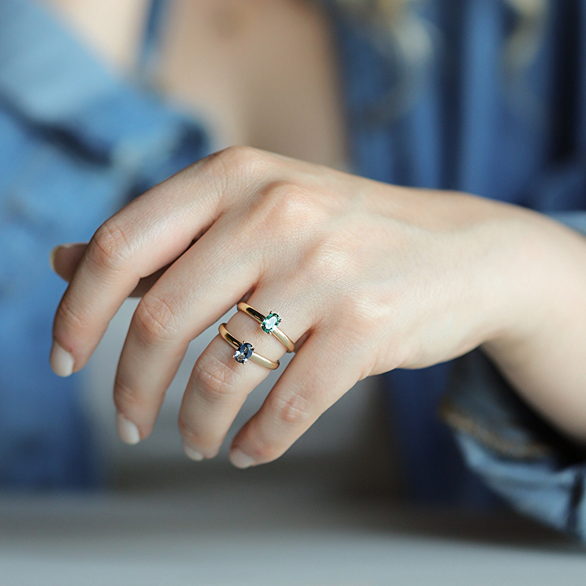 14 Ayar Sarı Altın Oval Yeşil Taşlı Yüzük