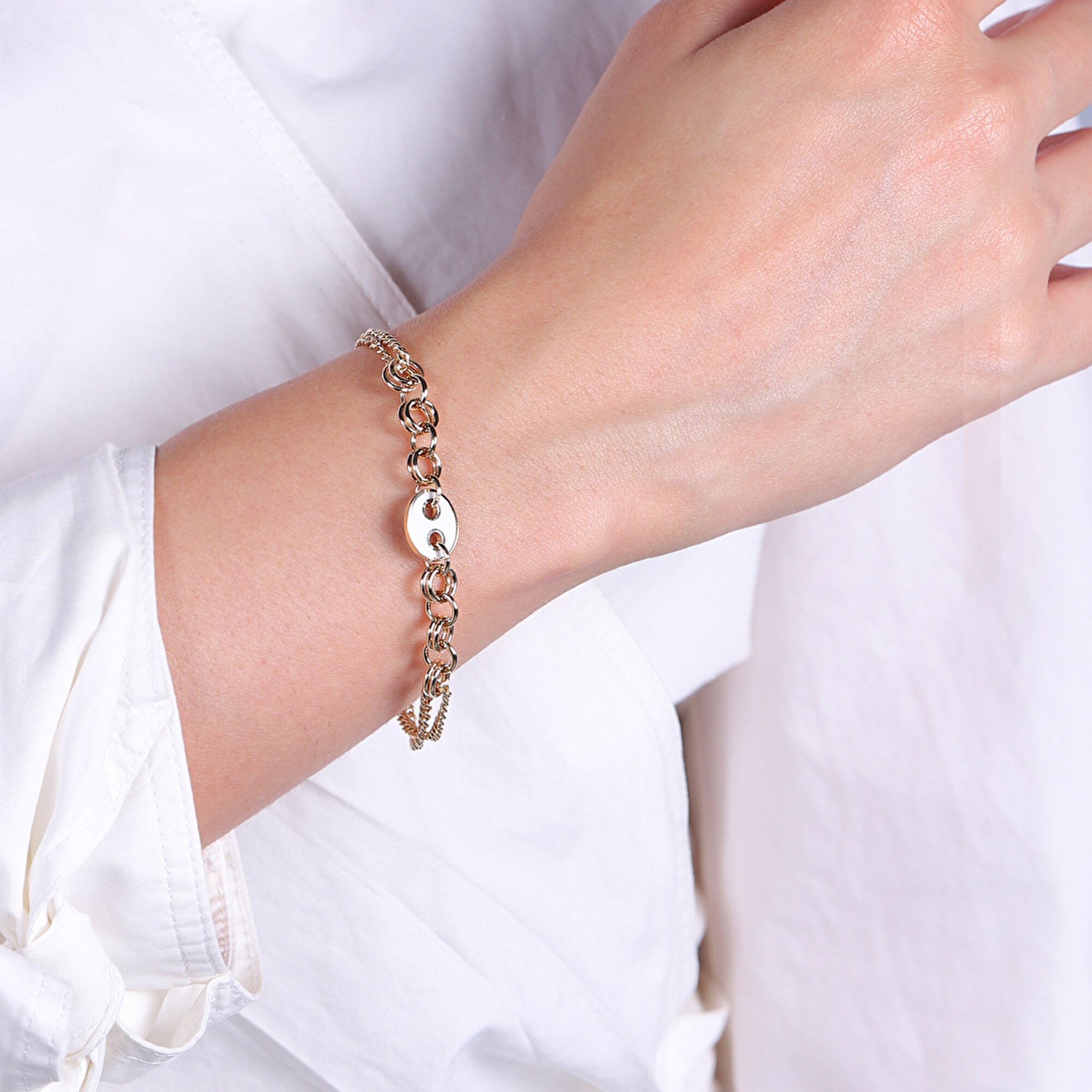 14 Ayar Sarı Altın Beyaz Mineli Zincir Bileklik