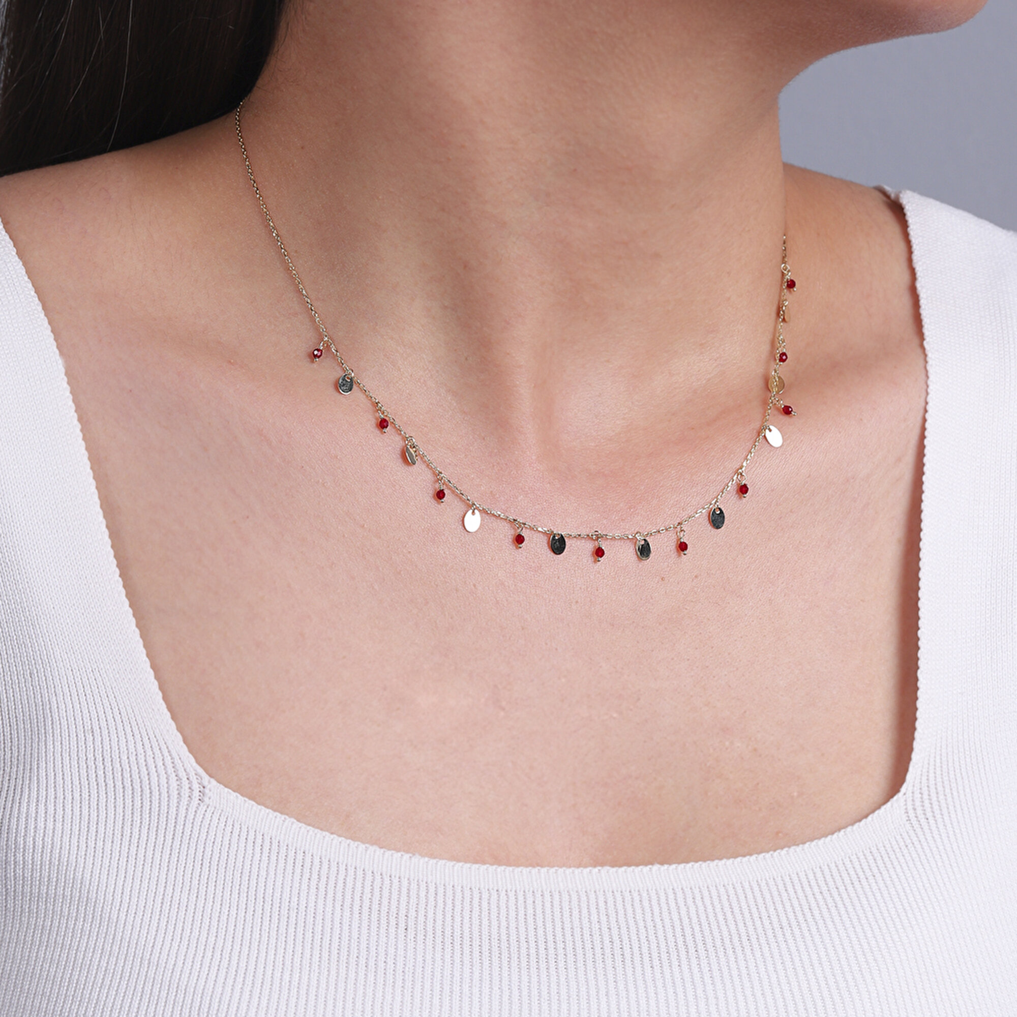 14 Ayar Sarı Altın Trend Kırmızı Taşlı Kolye