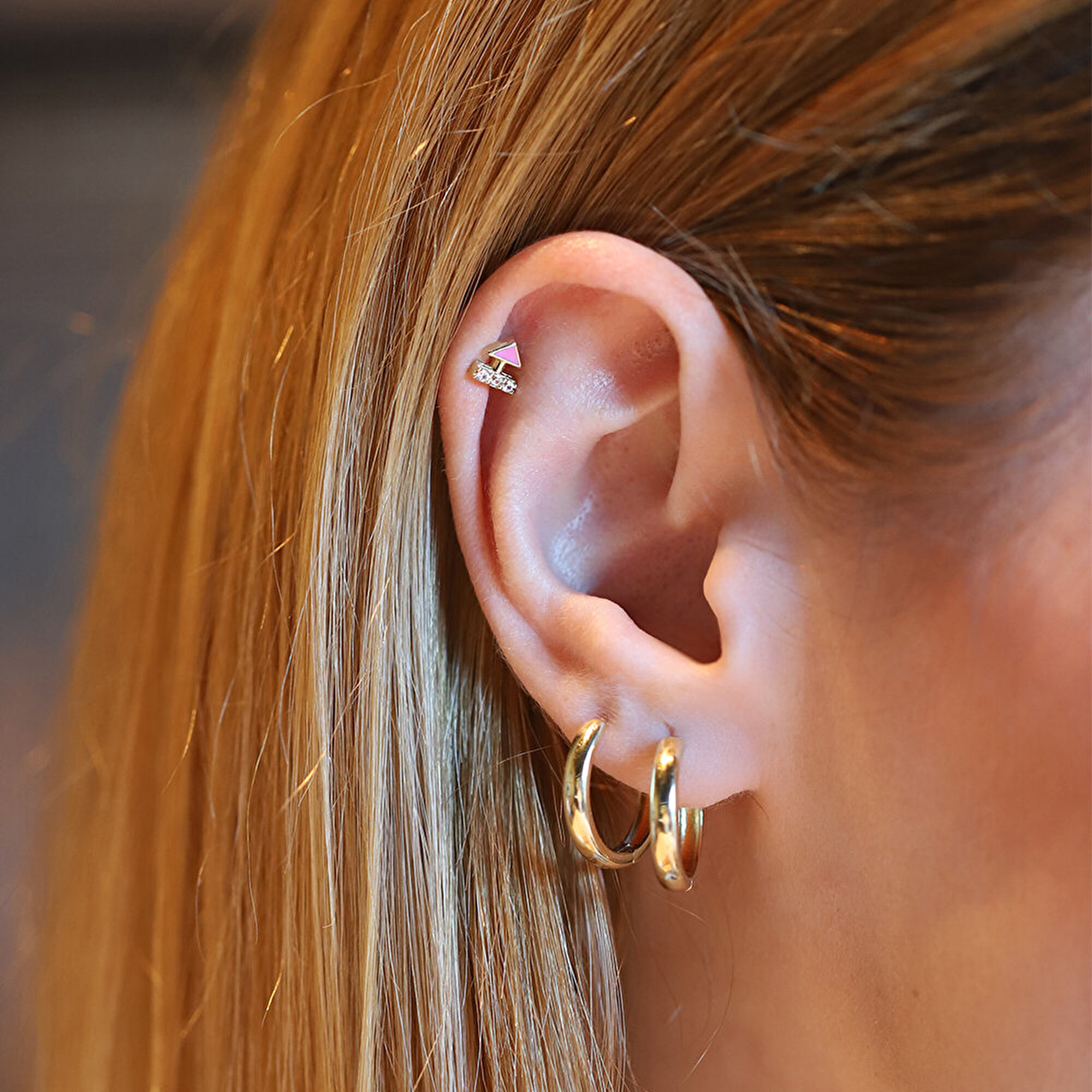 14 Ayar Sarı Altın Pembe Mineli Tragus Piercing