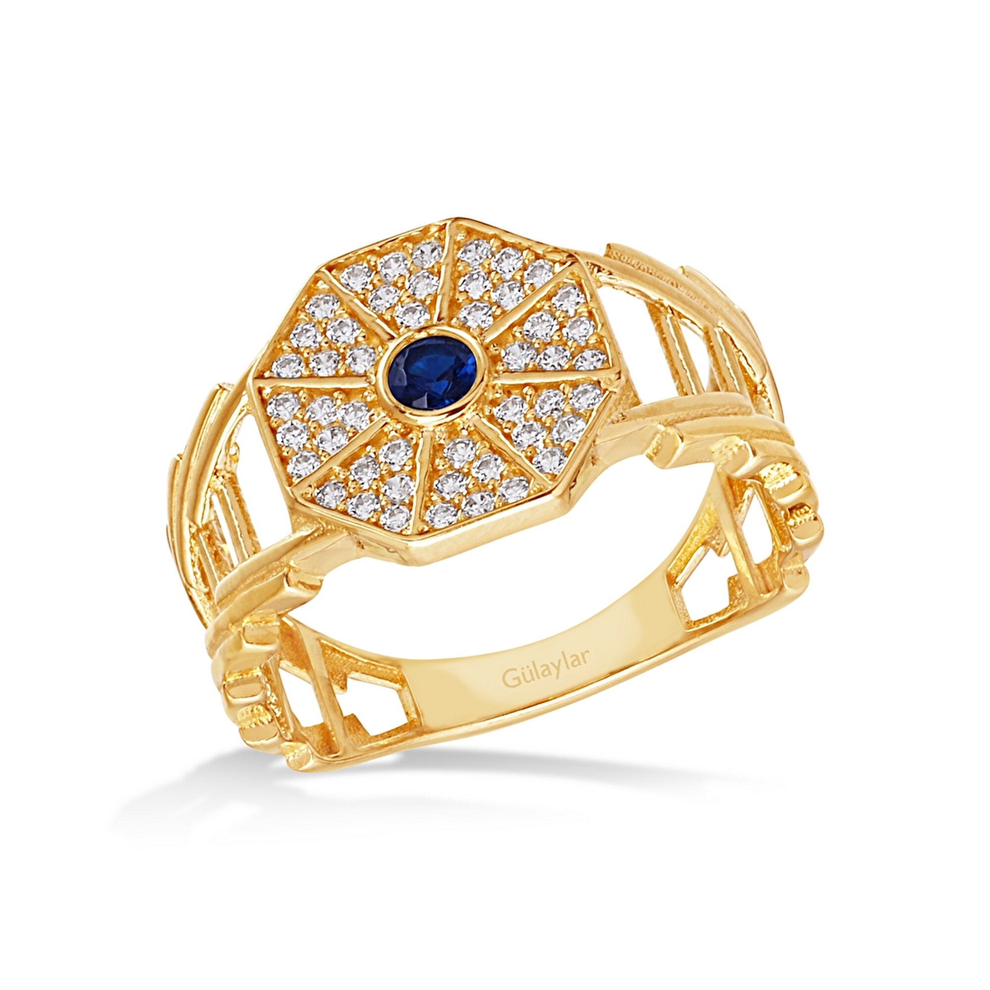 14 Ayar Sarı Altın Mavi Taşlı Yüzük