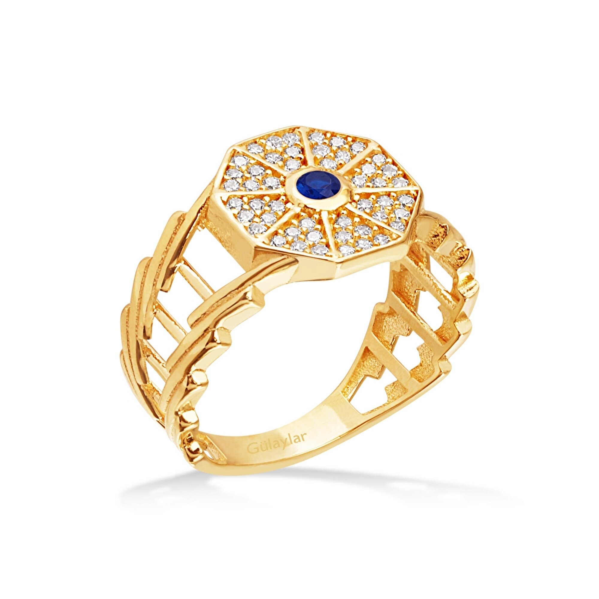 14 Ayar Sarı Altın Mavi Taşlı Yüzük