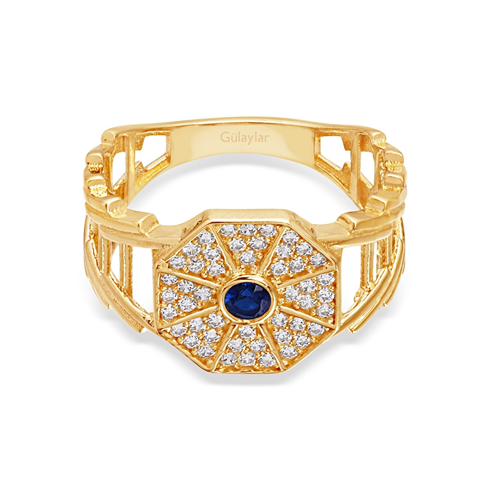 14 Ayar Sarı Altın Mavi Taşlı Yüzük