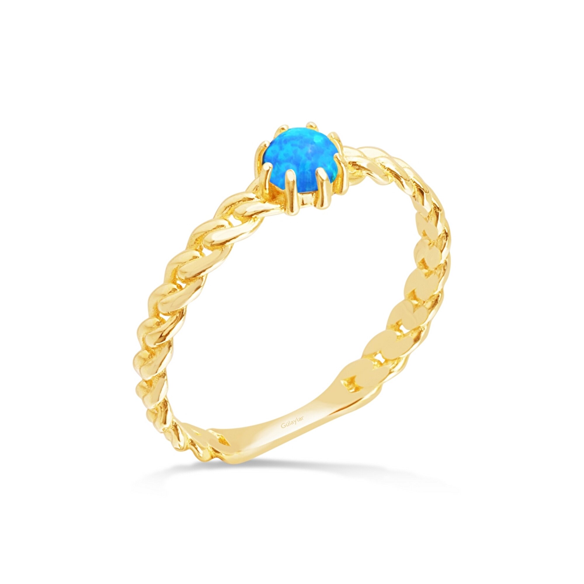 14 Ayar Sarı Altın Trend Mavi Taşlı Burgu Yüzük