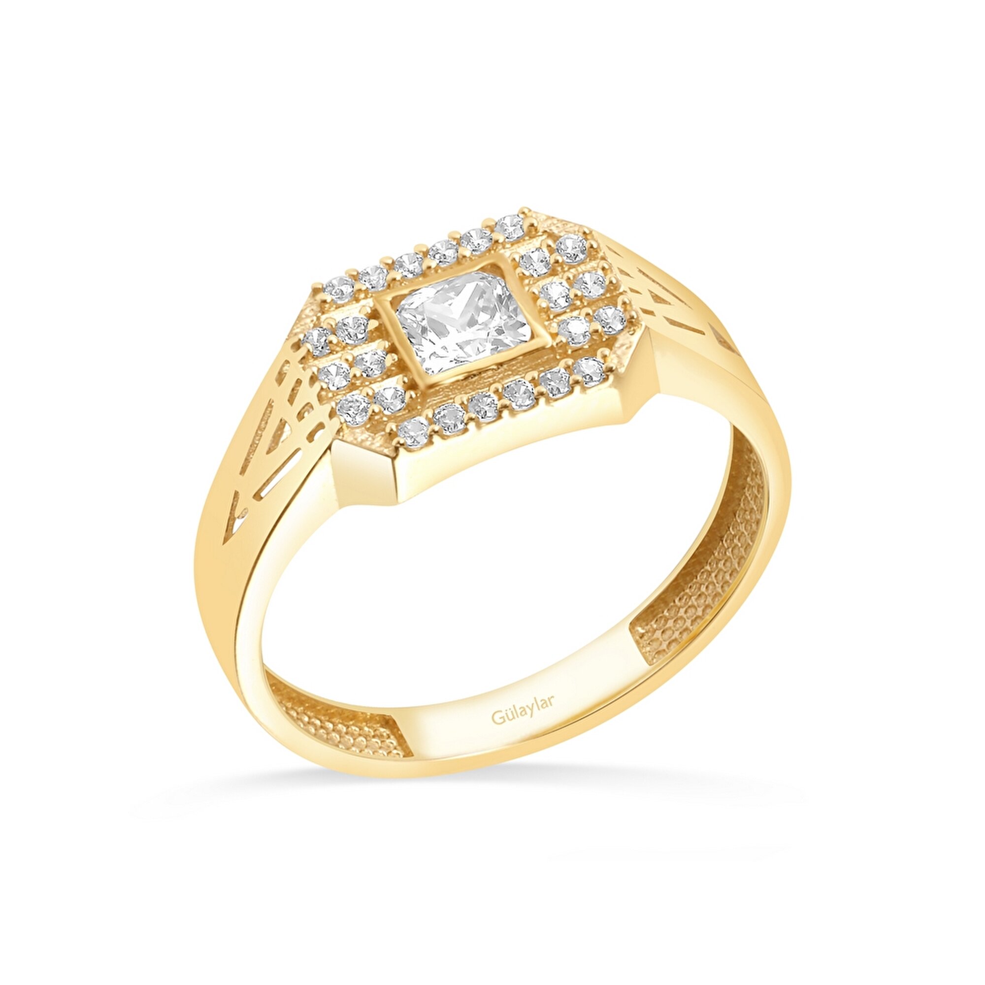 14 Ayar Sarı Altın Kare Taşlı Yüzük