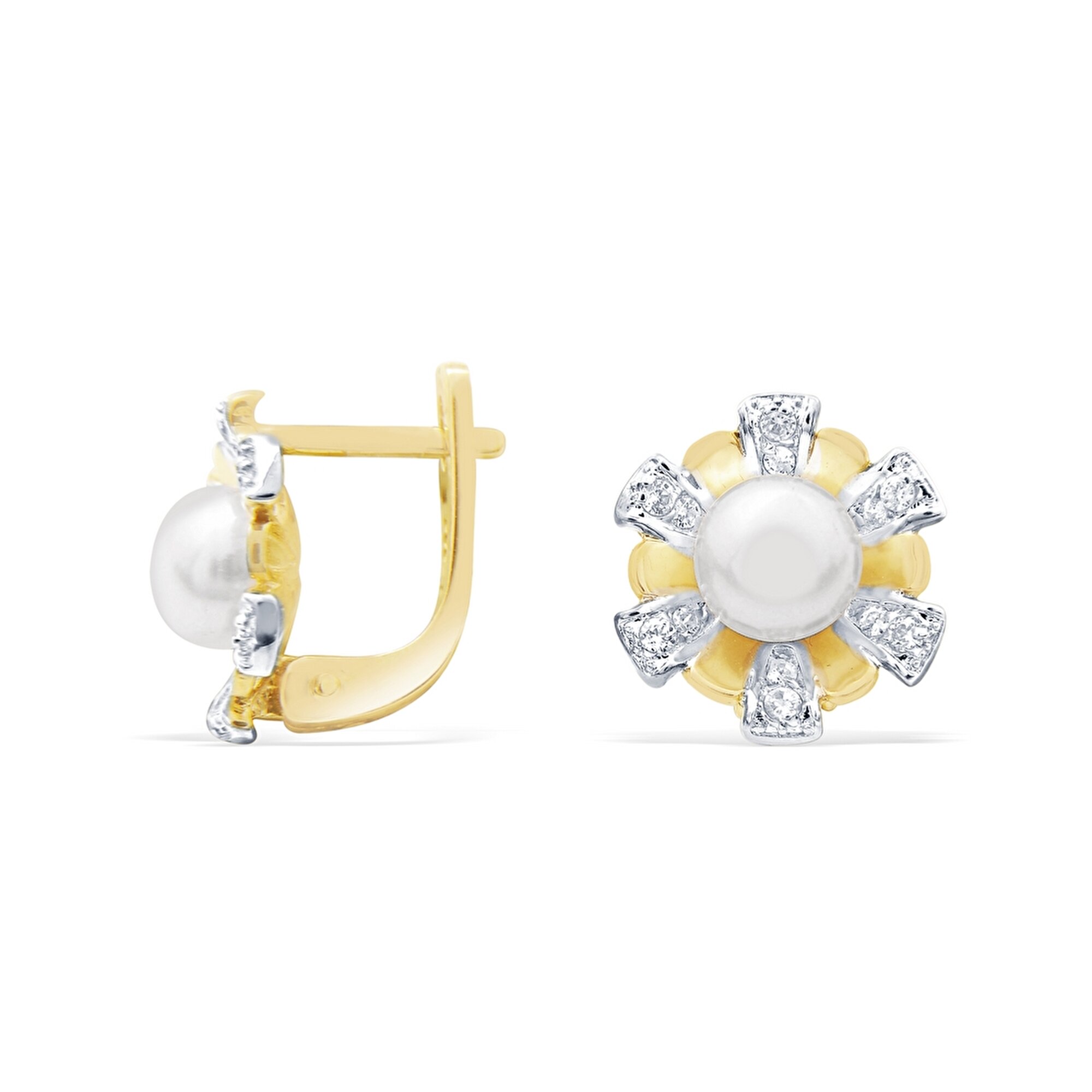 14 Ayar Sarı-Beyaz Altın İnci Küpe