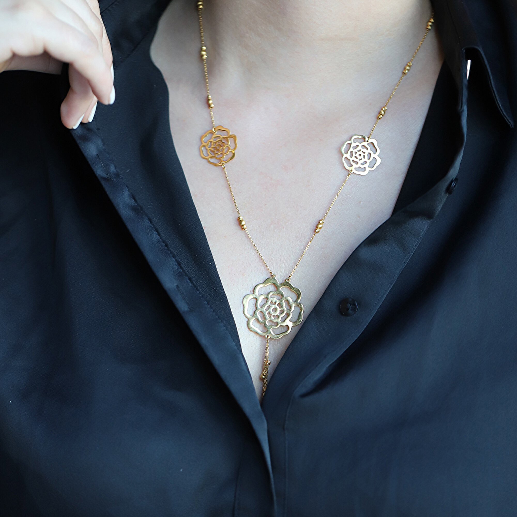 22 Ayar Sarı Altın Gül Çiçek Kolye