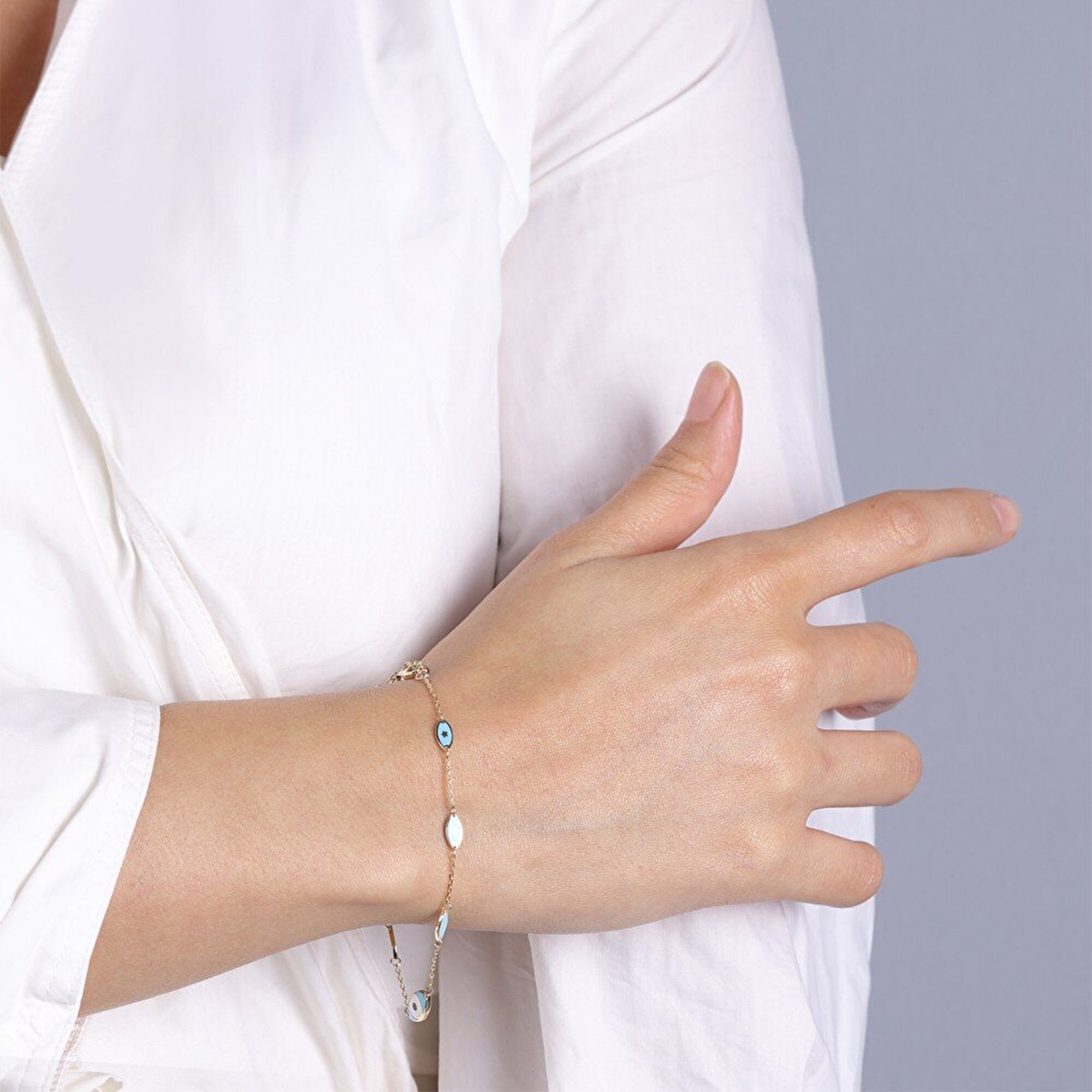 14 Ayar Sarı Altın Mavi Mineli Nazar Boncuklu Bileklik