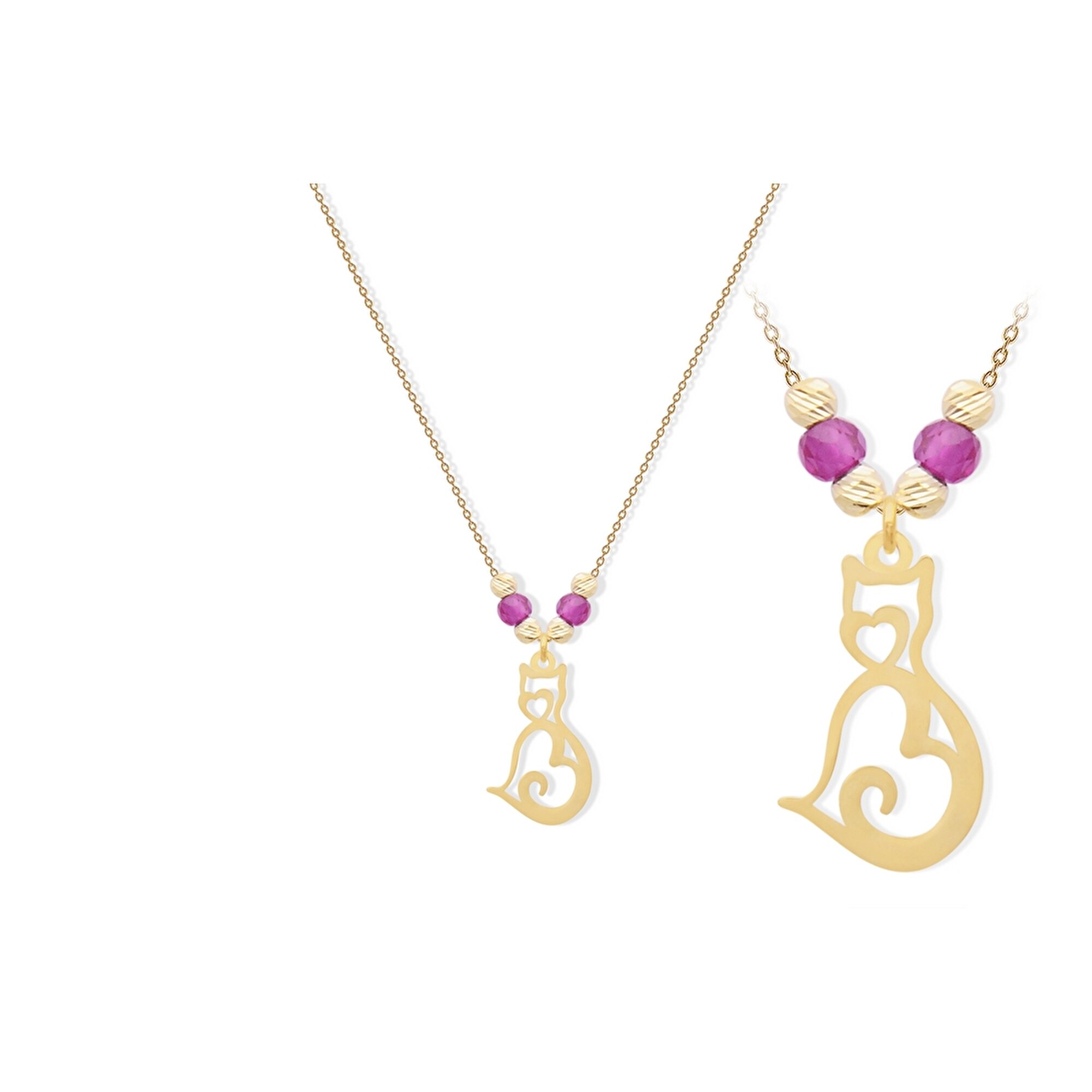 14 Ayar Sarı Altın Pembe Taşlı Kalp Kolye