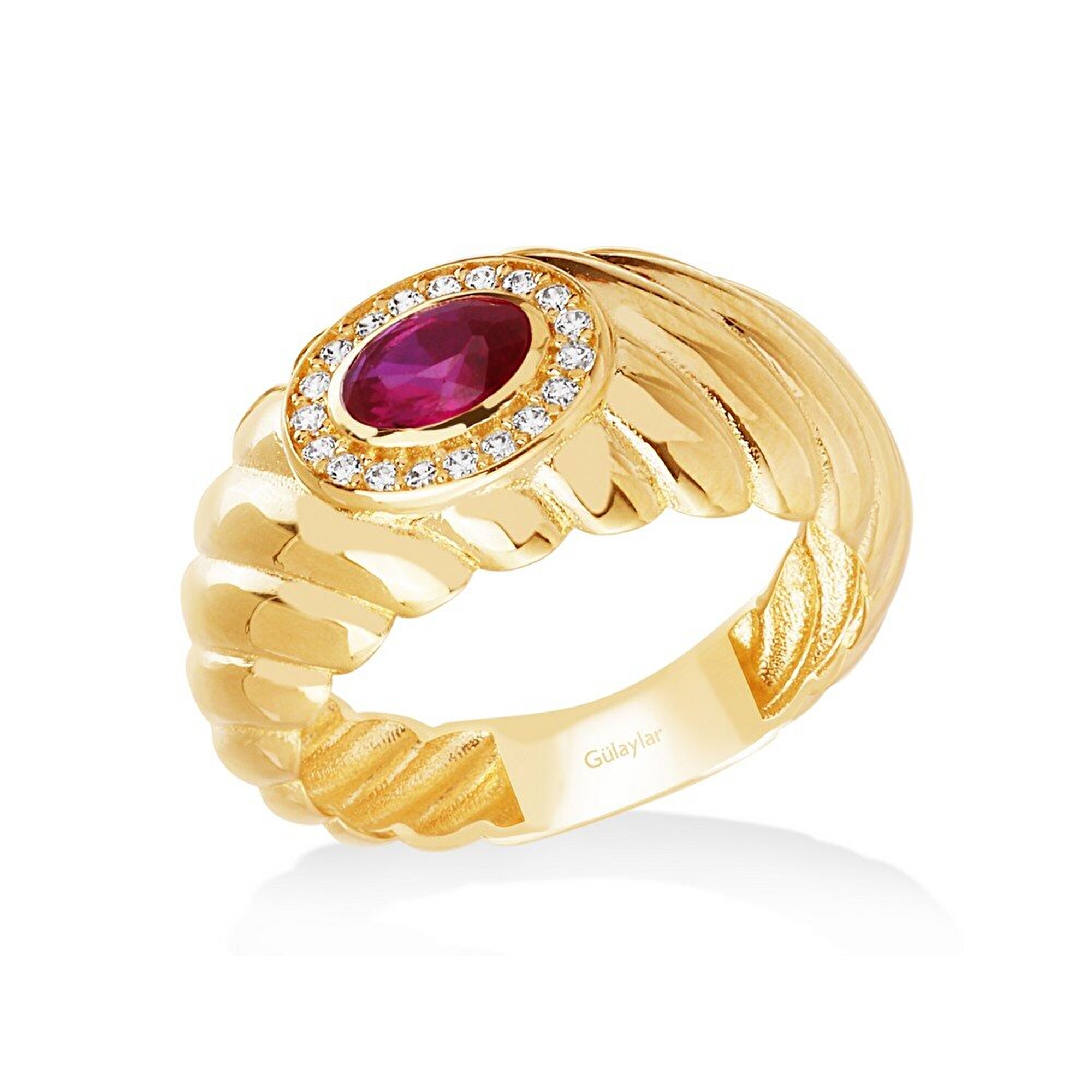 14 Ayar Sarı Altın Pembe Taşlı Yüzük