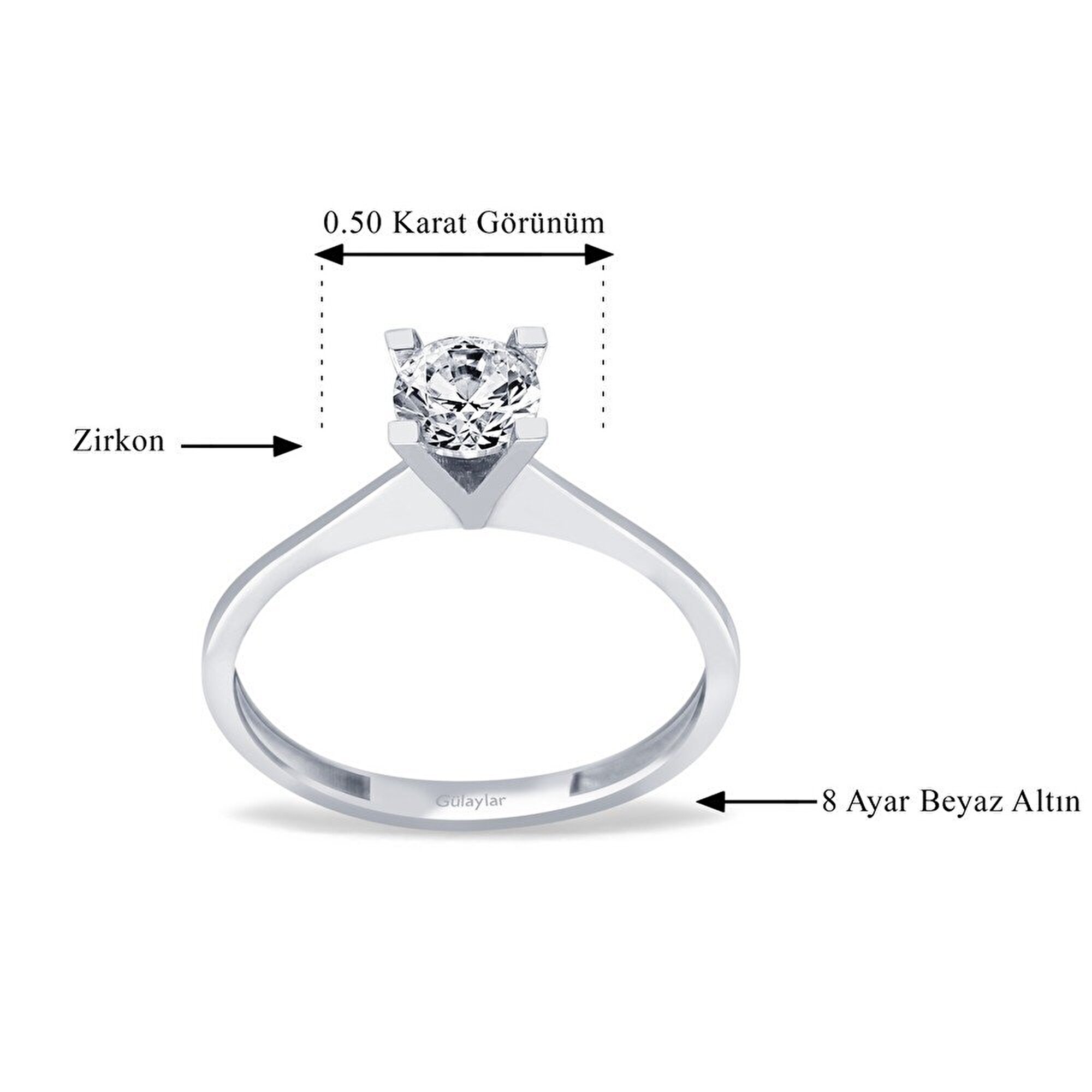 8 Ayar Beyaz Altın Tektaş Yüzük