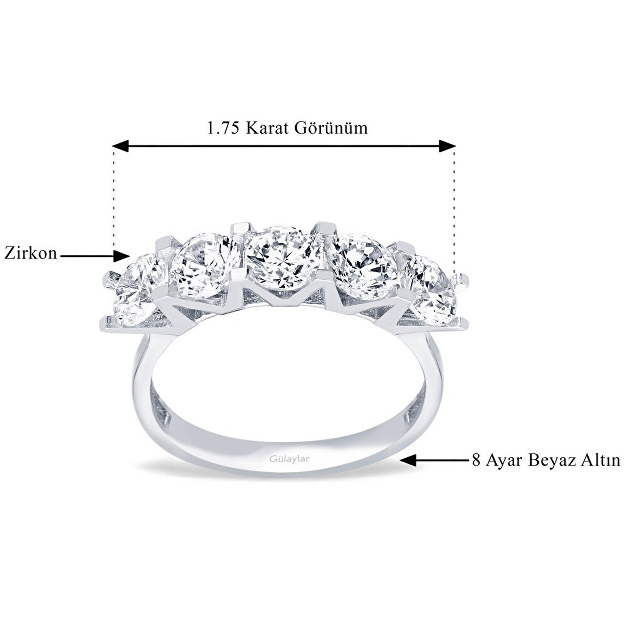 8 Ayar Beyaz Altın Beştaş Yüzük