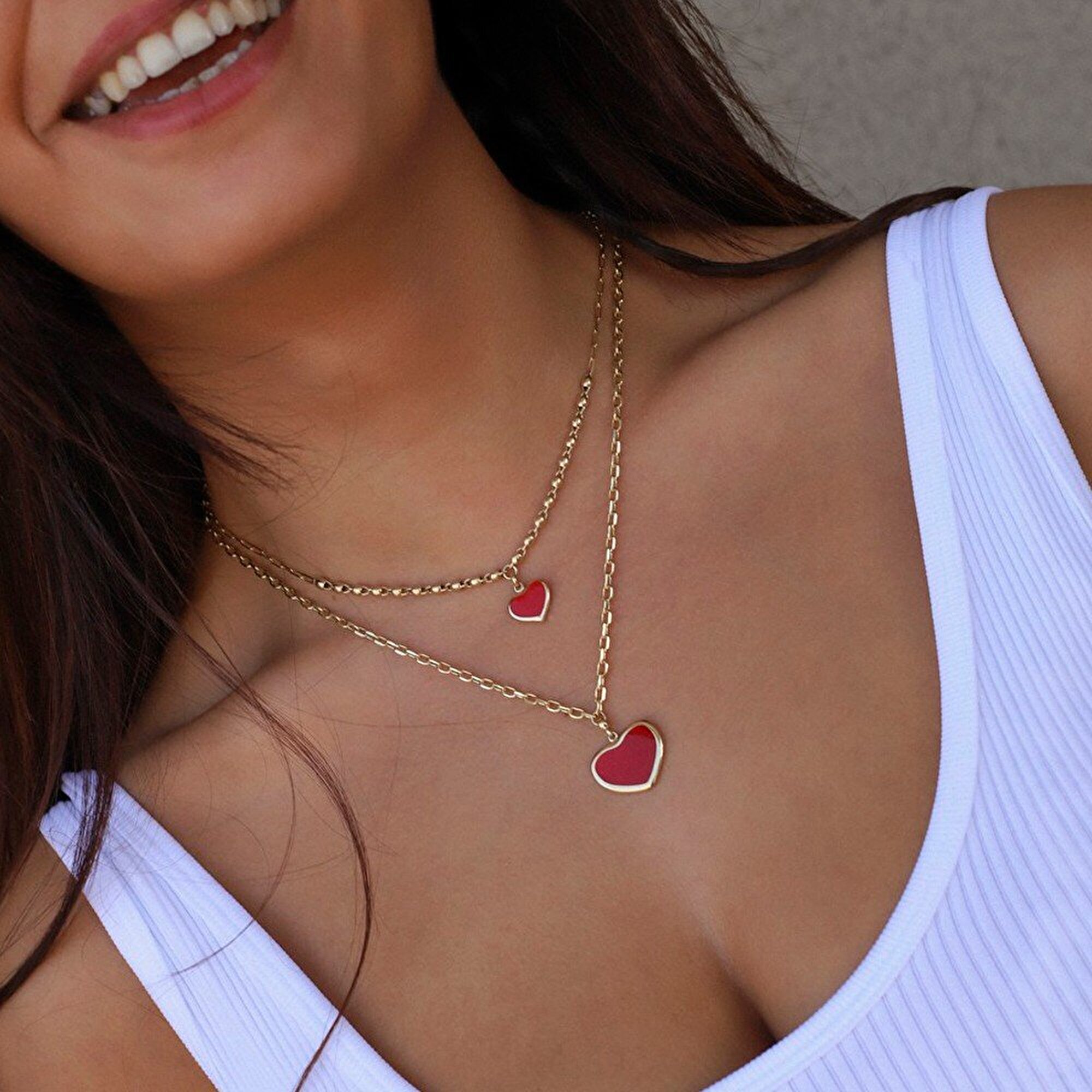 14 Ayar Sarı Altın Kırmızı Mineli Kalp Kolye