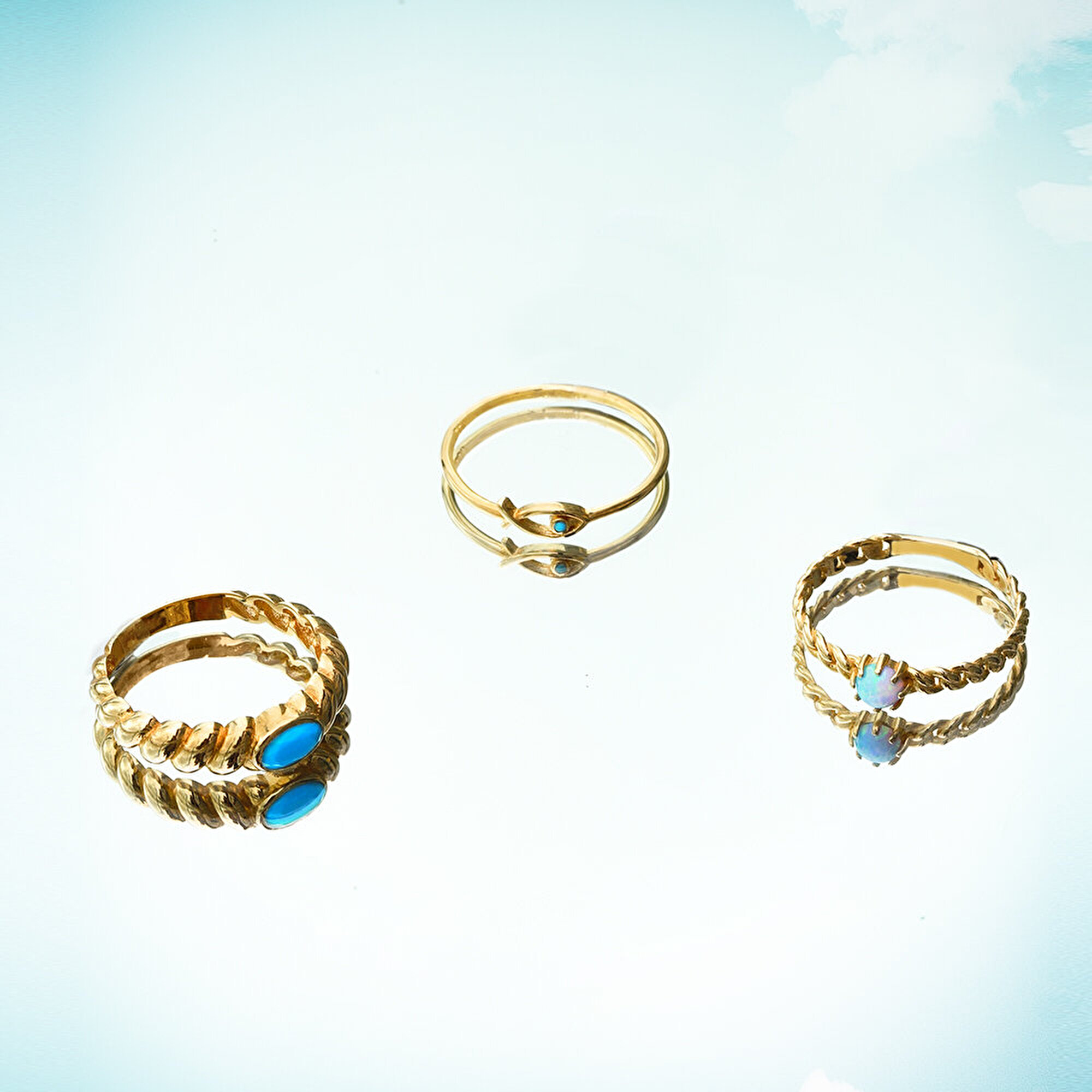 14 Ayar Sarı Altın Mavi Taşlı Trend Yüzük