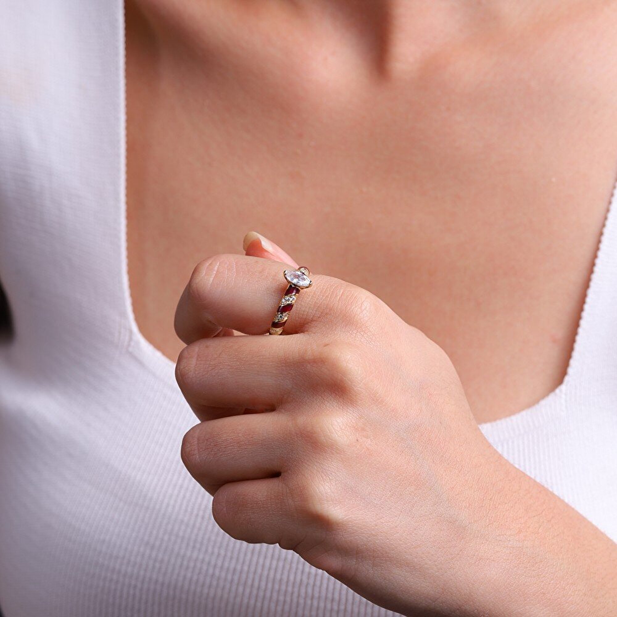 14 Ayar Sarı Altın Kırmızı Mineli Yüzük