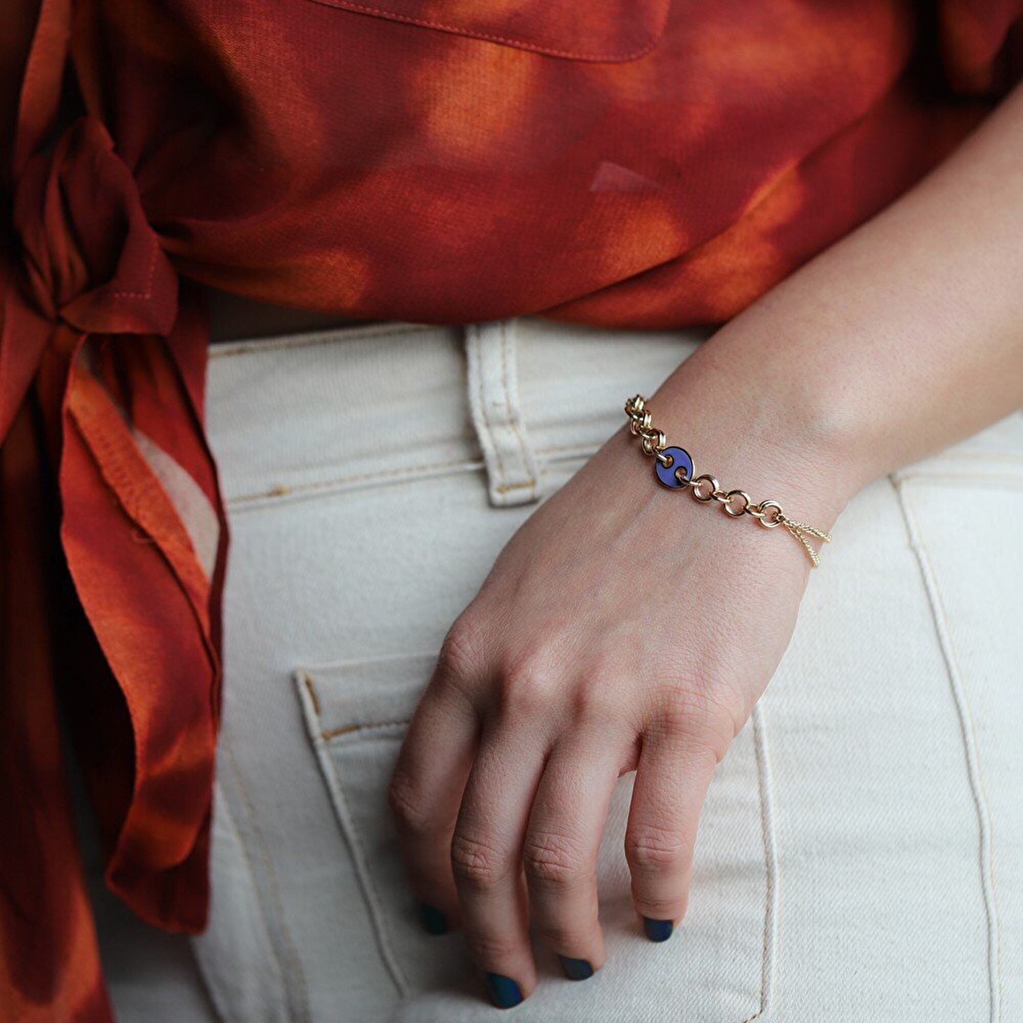 14 Ayar Sarı Altın Mavi Mineli Zincir Bileklik