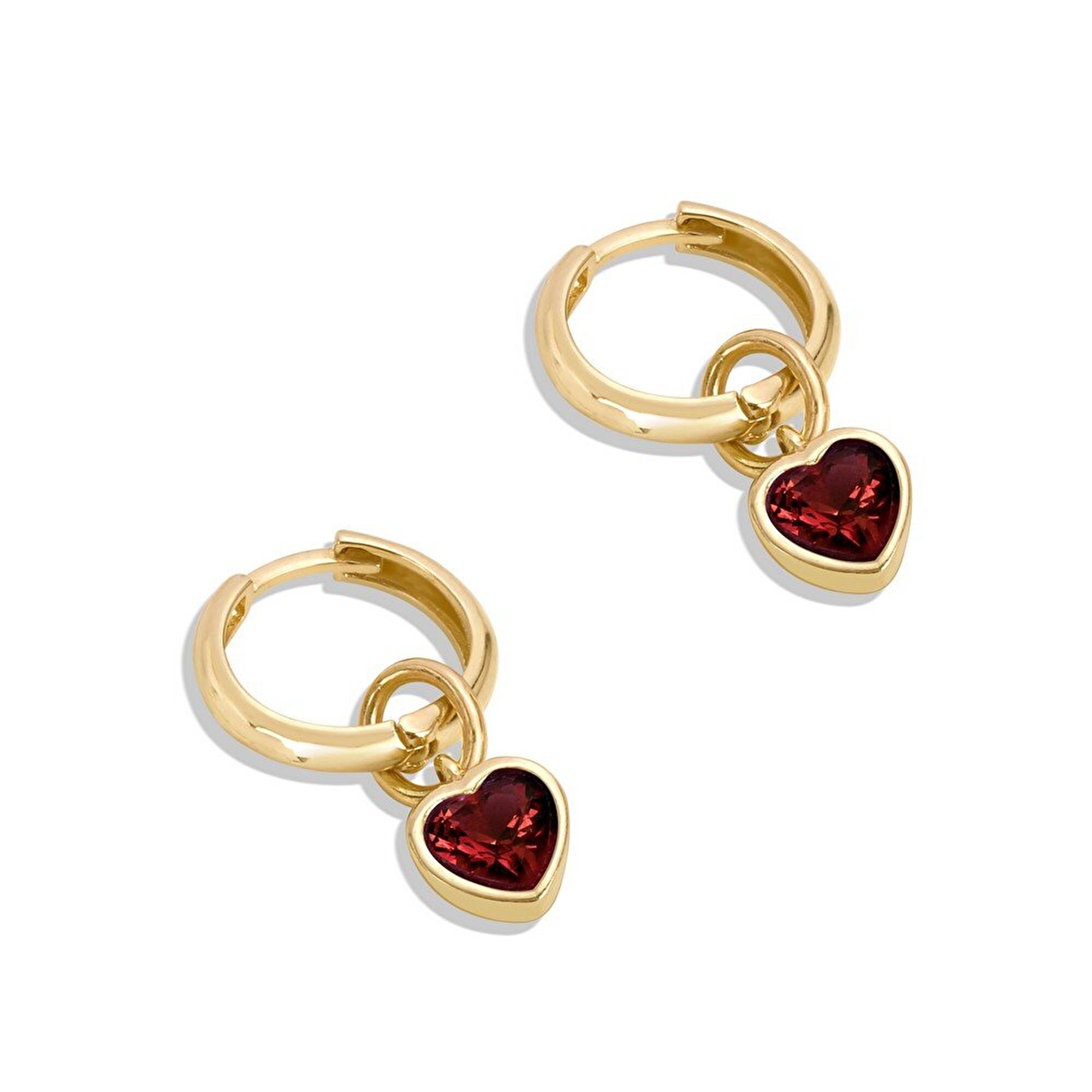 14 Ayar Sarı Altın Kırmızı Taşlı Kalp Küpe