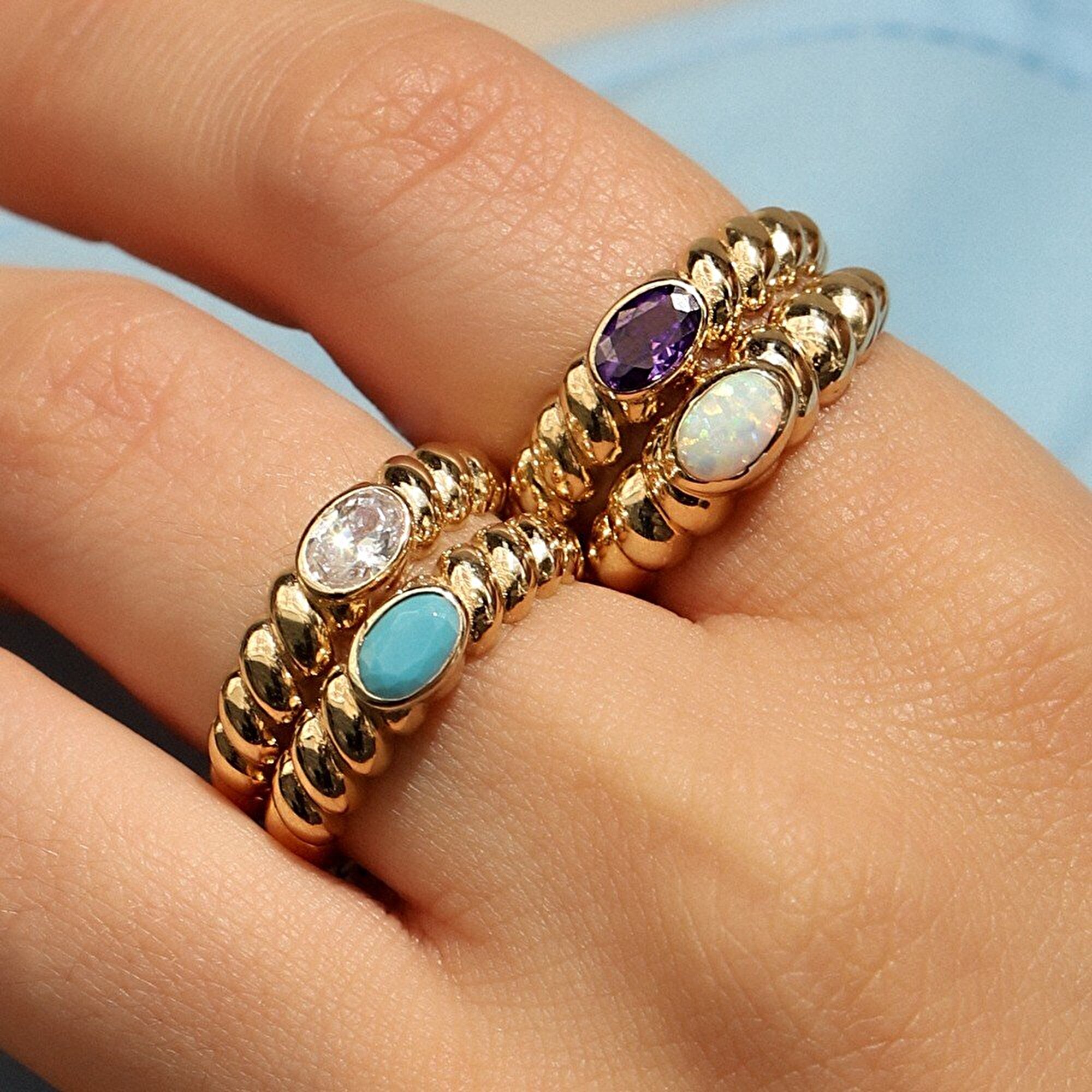 14 Ayar Sarı Altın Trend Mor Taşlı Burgu Yüzük