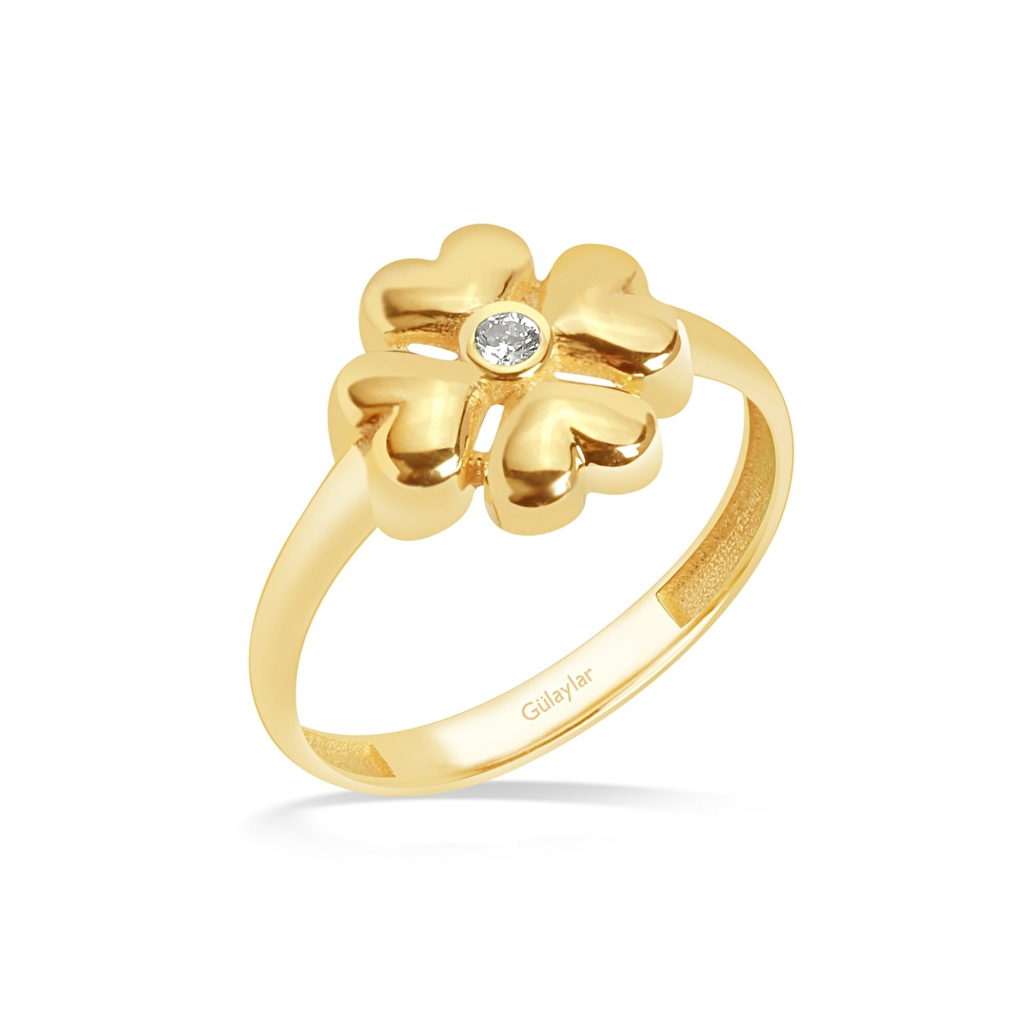 8 Ayar Sarı Altın Taşlı Yonca Yüzük