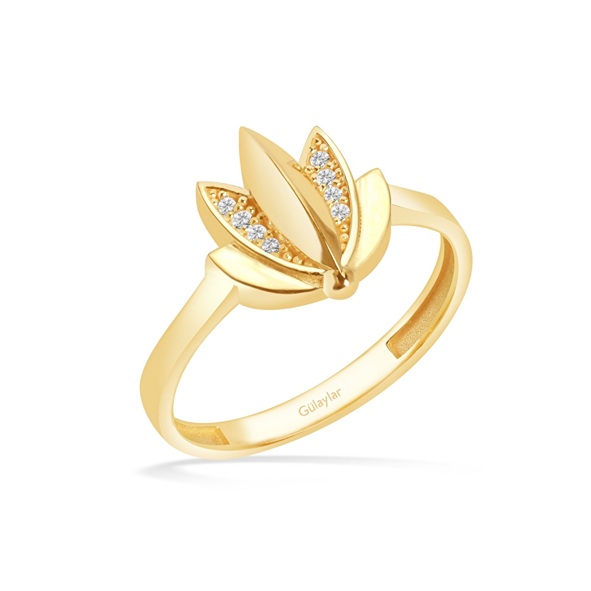 8 Ayar Sarı Altın Taşlı Lotus Yüzük