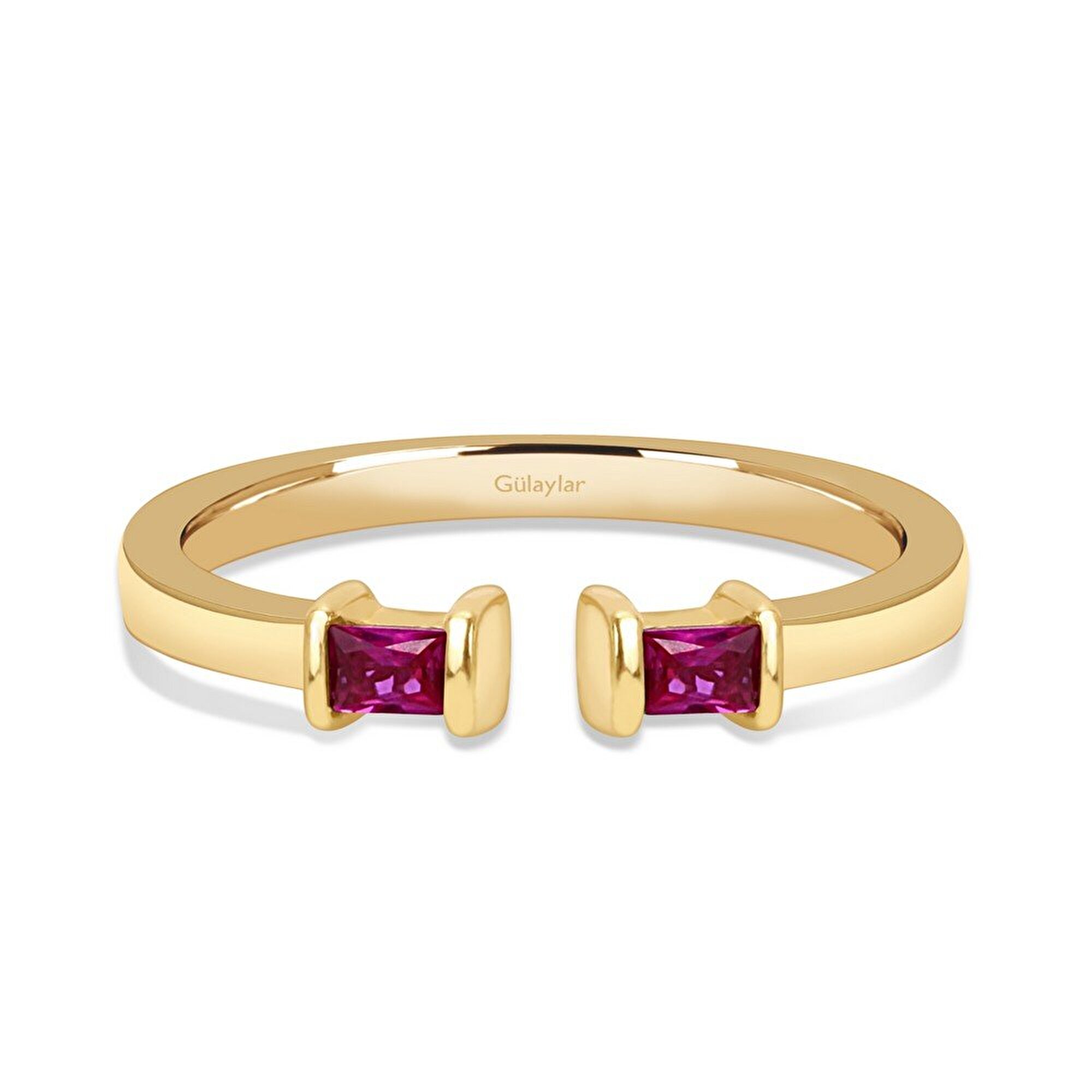 14 Ayar Sarı Altın Pembe Taşlı Baget Yüzük