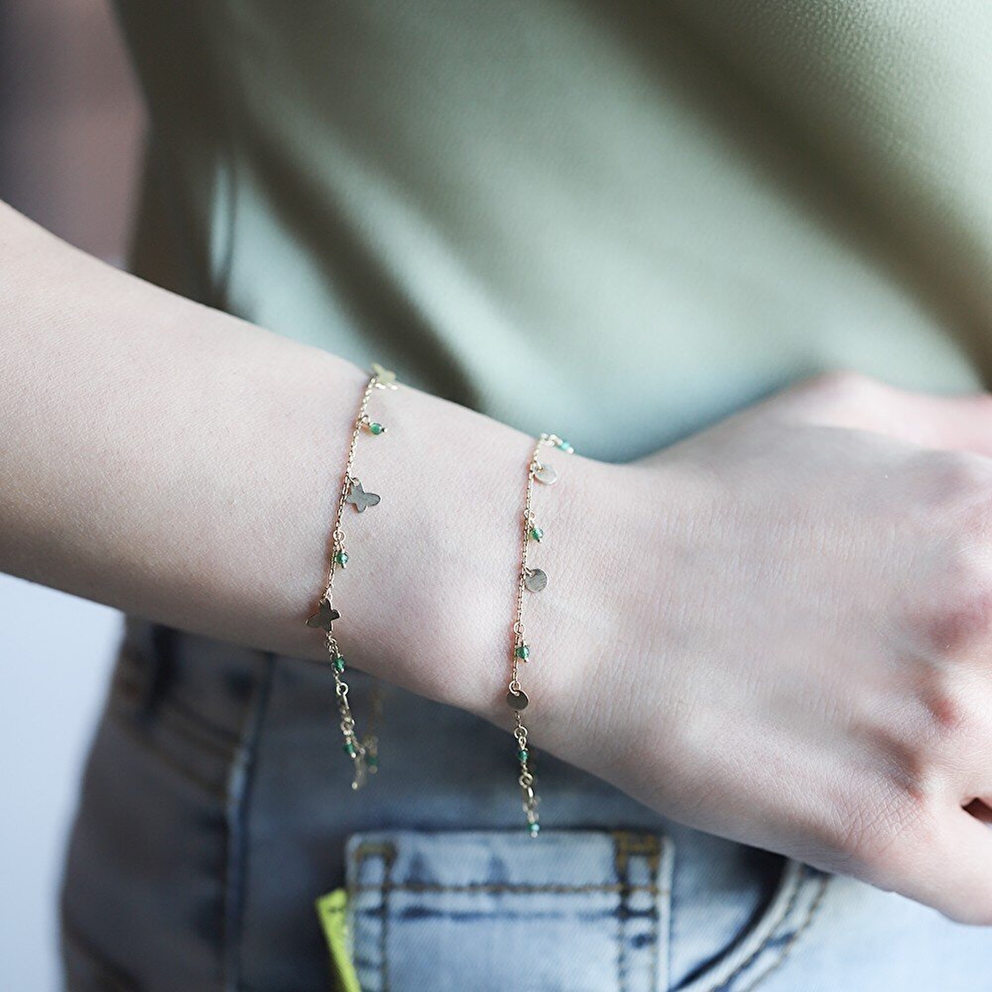 14 Ayar Sarı Altın Yeşil Taşlı Kelebek Figürlü Bileklik