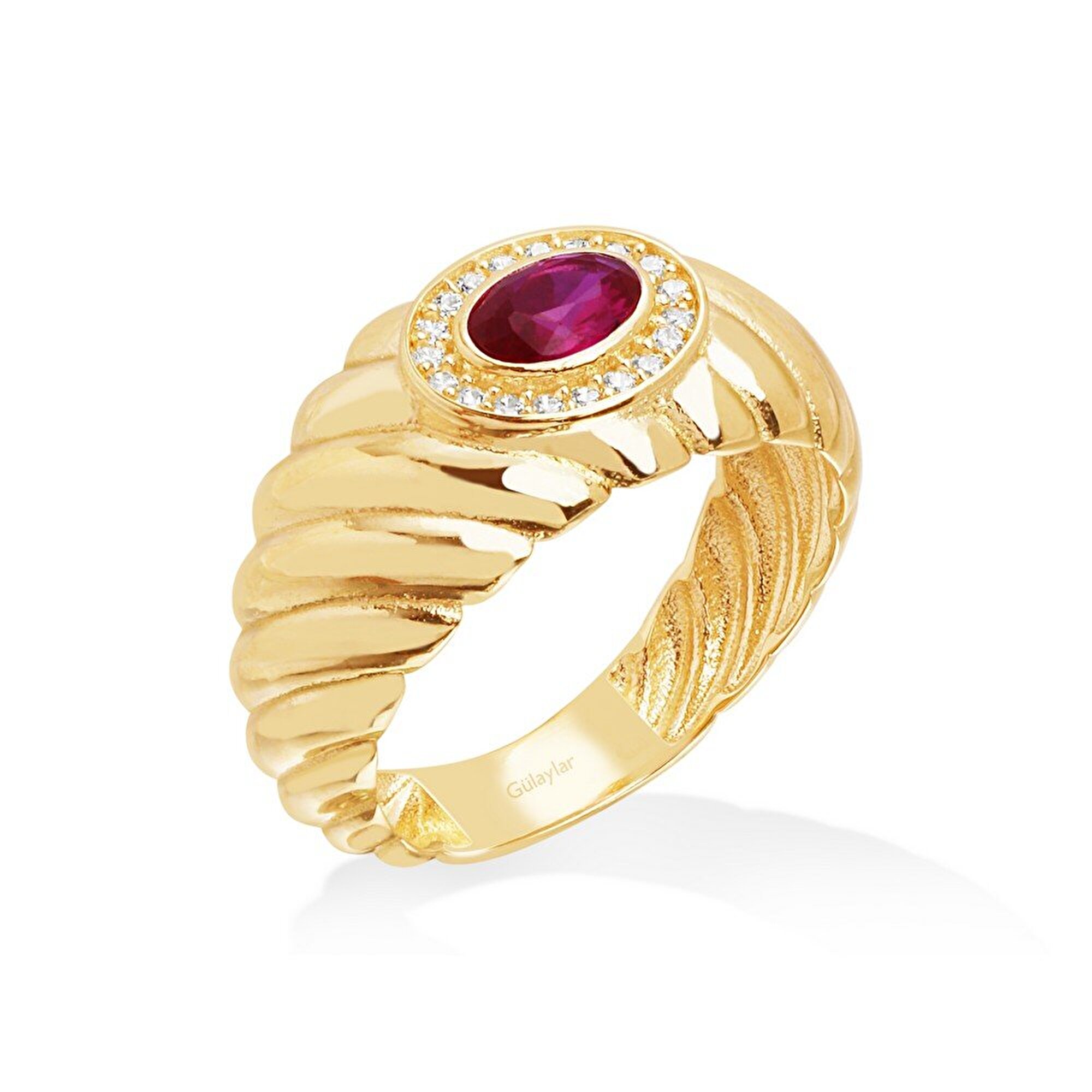 14 Ayar Sarı Altın Pembe Taşlı Yüzük