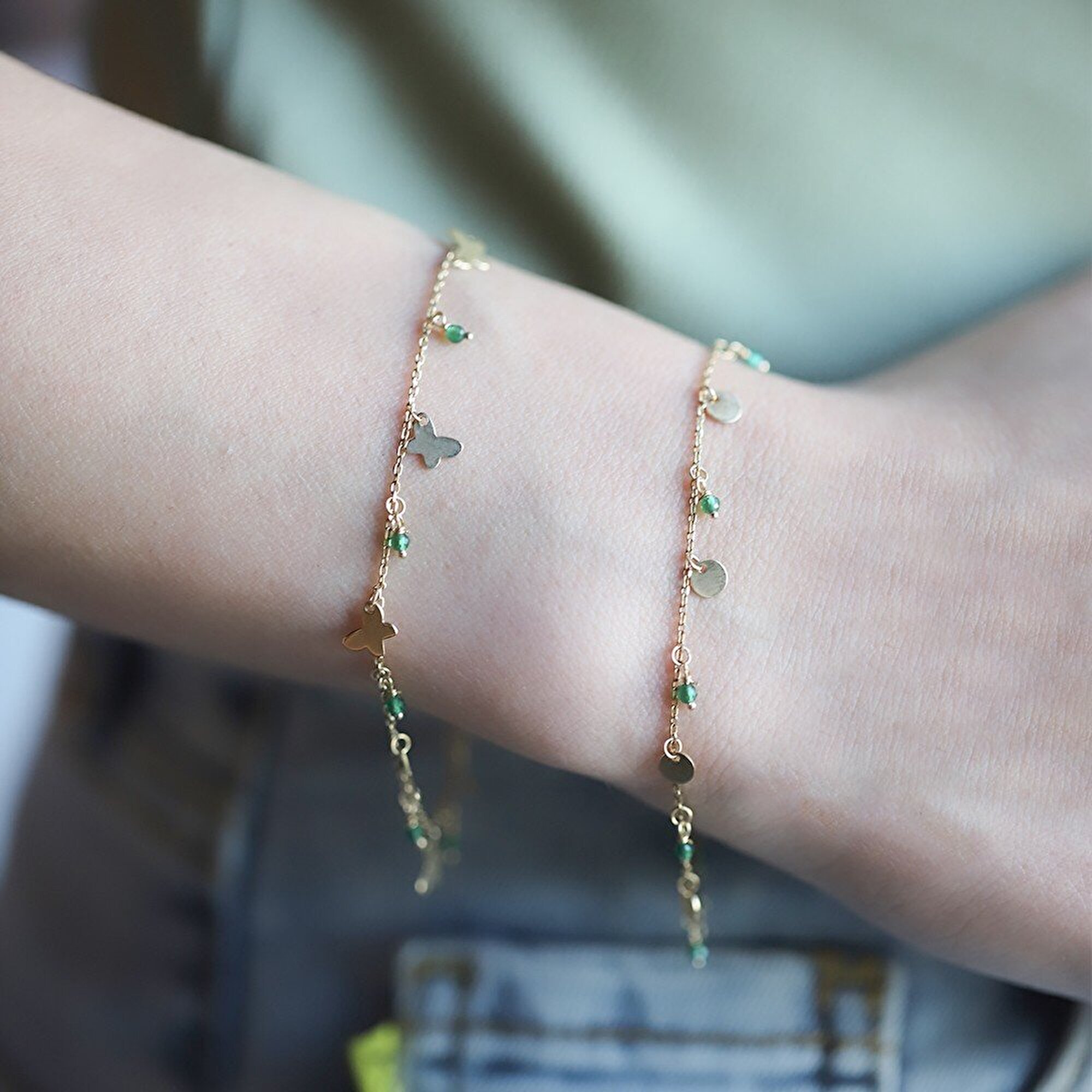 14 Ayar Sarı Altın Trend Yeşil Taşlı Bileklik