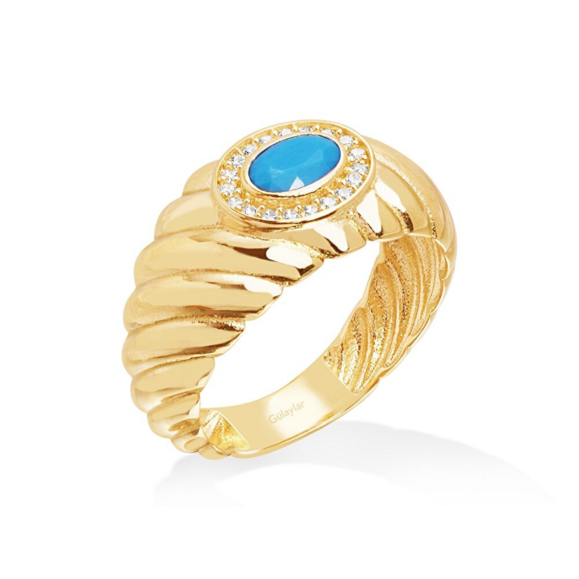 14 Ayar Sarı Altın Firuze Taşlı Burgu Yüzük