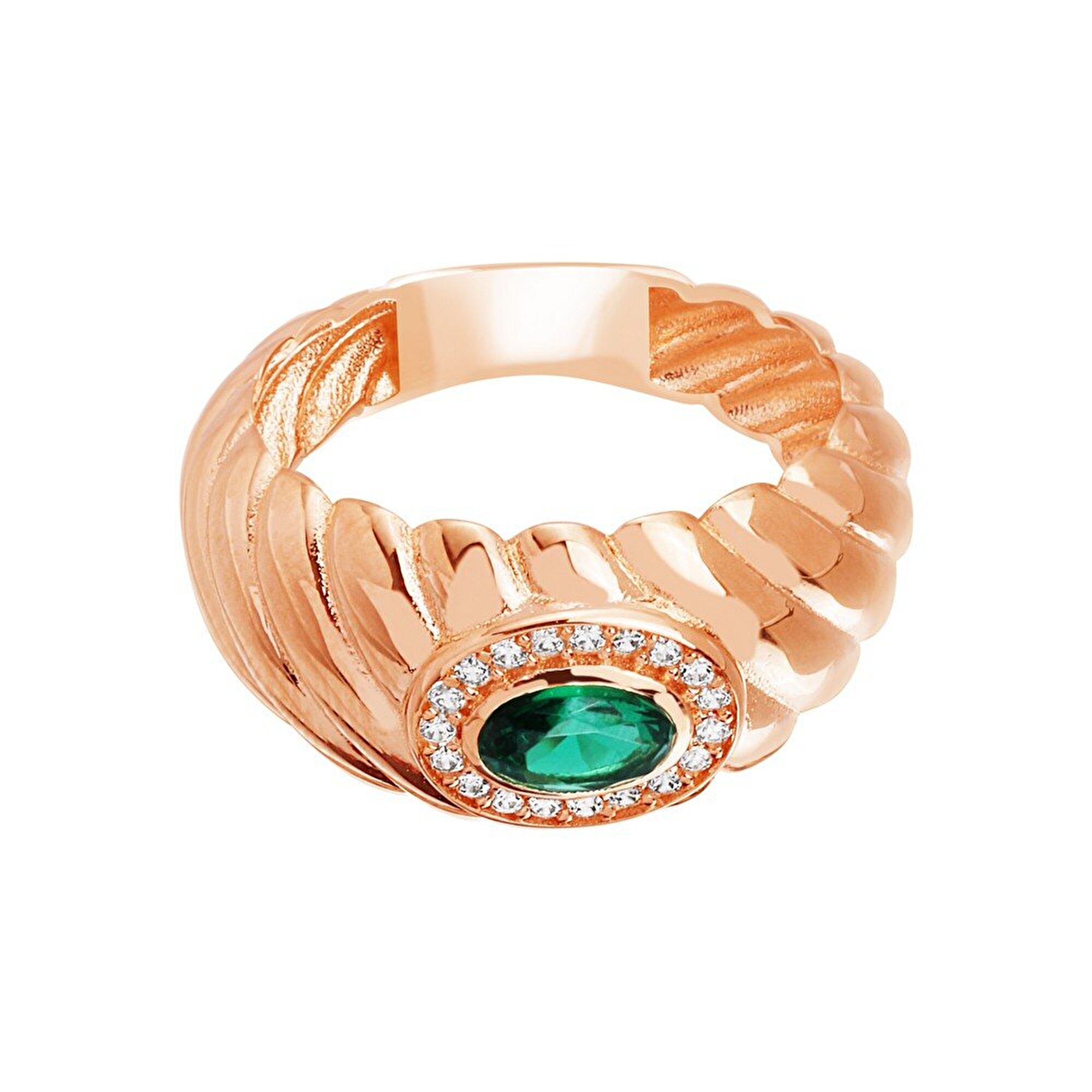 14 Ayar Rose Altın Trend Yeşil Taşlı Burgu Yüzük