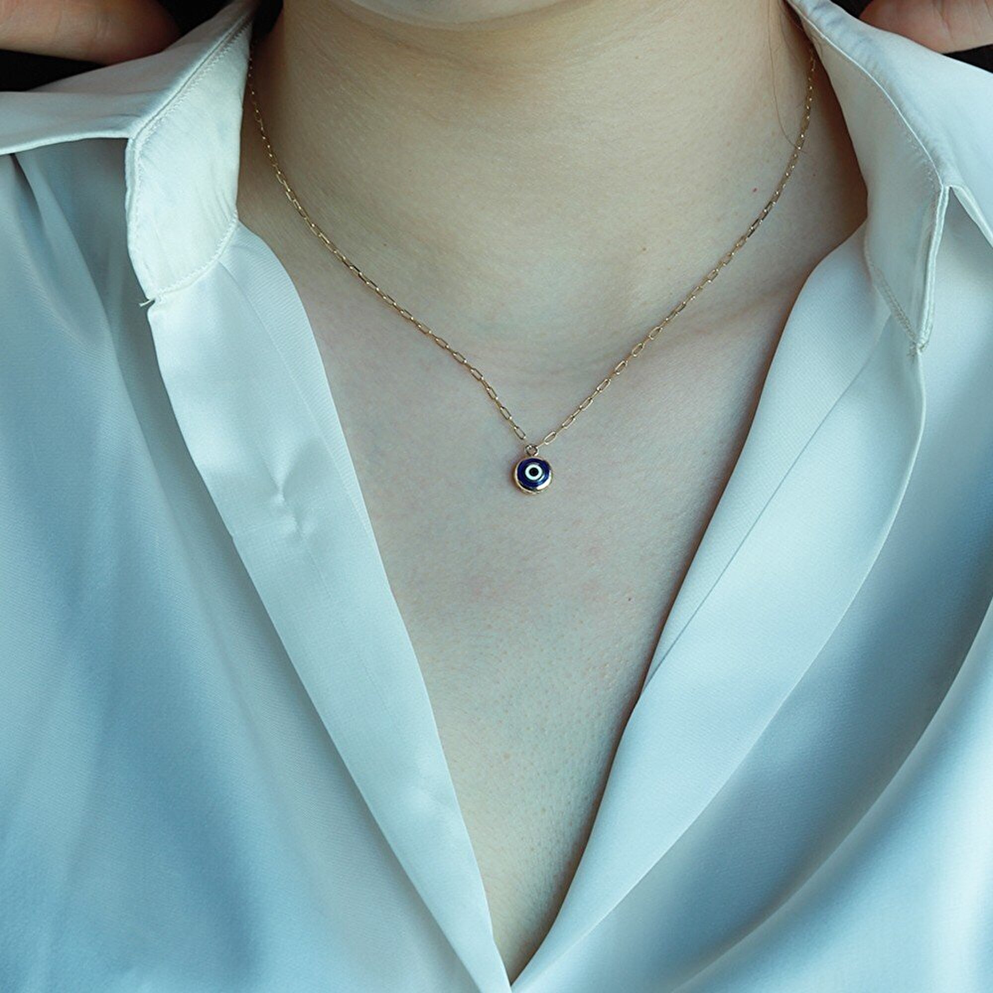 14 Ayar Sarı Altın Mavi Mineli Göz Kolye